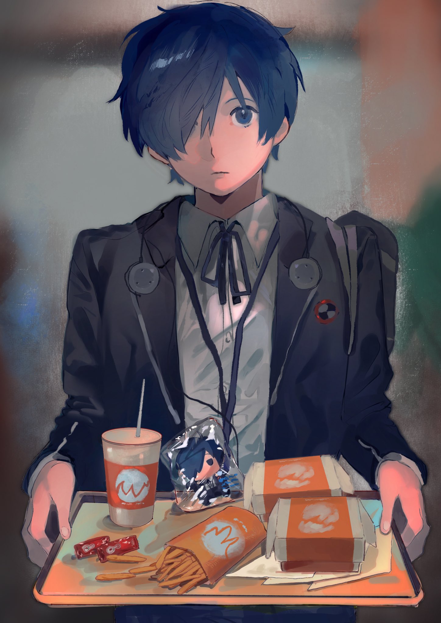 achai dong, yuuki makoto (persona 3), persona, persona 3, highres, 1boy, black jacket, black ribbon, blue eyes, blue hair, blurry, blurry background, burger, character doll, closed mouth, collared shirt, digital media player, doll, food, french fries, gekkoukan high school uniform, hair over one eye, headphones, holding, holding tray, jacket, long sleeves, looking at viewer, male focus, neck ribbon, ribbon, school uniform, shirt, short hair, solo, tray, white shirt