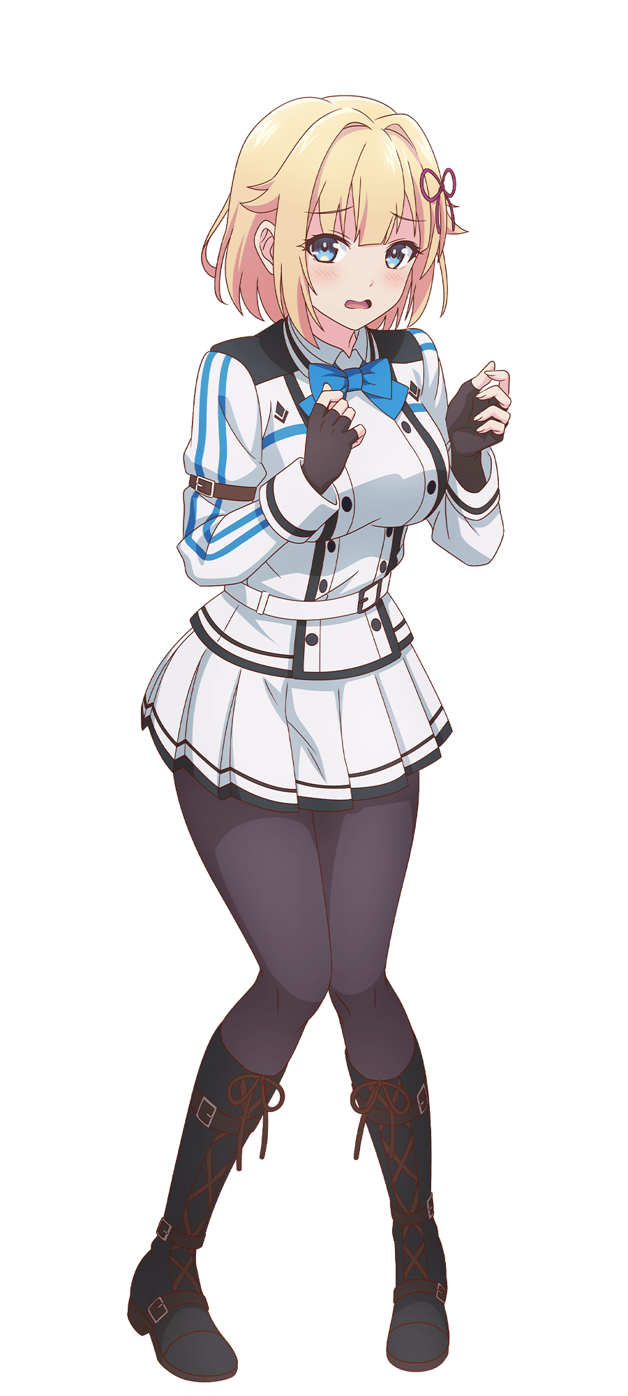 watanabe yoshihiro, pearl diamond, kami wa game ni ueteiru, highres, official art, 1girl, anime coloring, arm belt, belt, black boots, black gloves, black pantyhose, blonde hair, blue bow, blue eyes, boots, bow, bowtie, breasts, collared shirt, fingerless gloves, full body, gloves, hair intakes, hair ribbon, hands up, jacket, large breasts, leaning forward, long sleeves, looking at viewer, open mouth, pantyhose, pigeon-toed, pleated skirt, purple ribbon, ribbon, shirt, short hair, sidelocks, simple background, skirt, solo, standing, transparent background, wavy mouth, white belt, white jacket, white shirt, white skirt