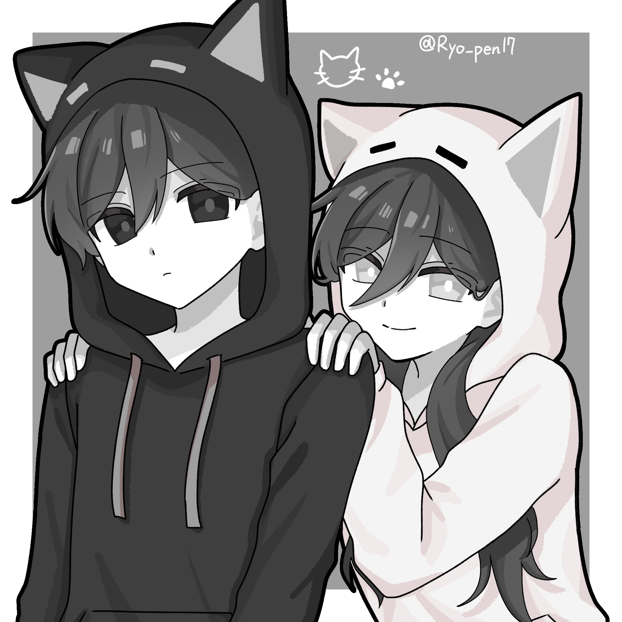 ryo pen17, mewo, omori (omori), omori, character request, copyright request, highres, 1boy, 1girl, black eyes, black hair, bright pupils, colored skin, double-parted bangs, drawstring, expressionless, grey eyes, hair between eyes, hands on another's shoulders, hood, hood up, hoodie, long hair, long sleeves, looking at viewer, short hair, smile, twitter username, white pupils, white skin