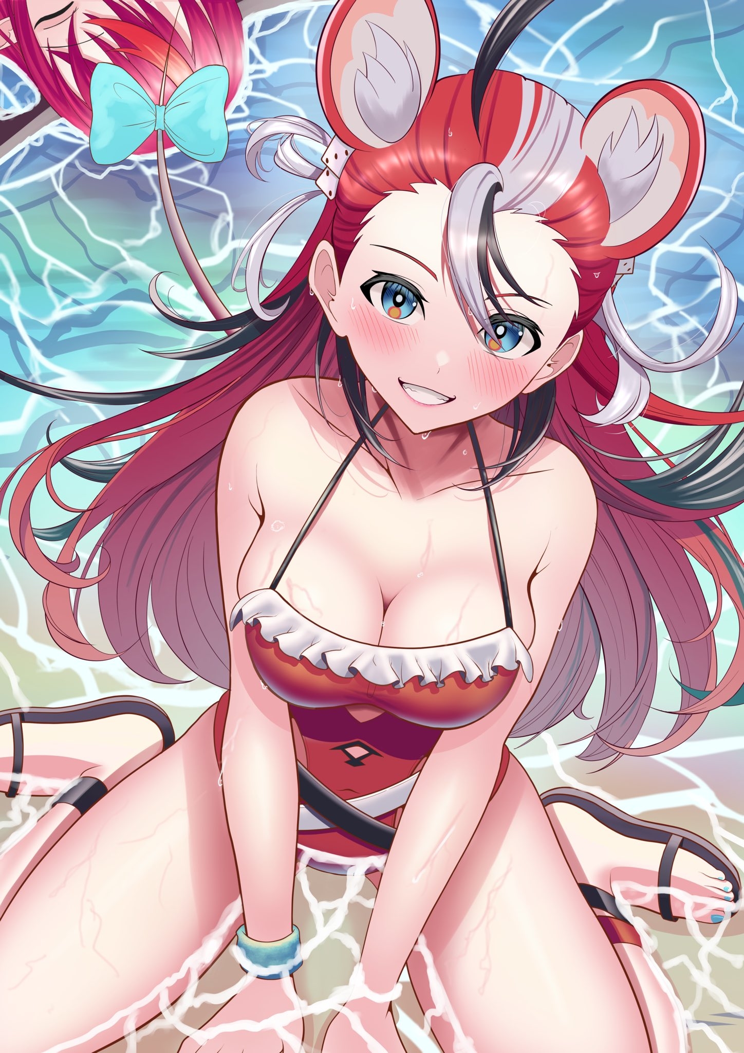 lyunree6161, hakos baelz, hakos baelz (holonatsu paradise), irys (hololive), irys (holonatsu paradise) (hololive), hololive, hololive english, highres, 2girls, animal ears, beach, black hair, blue eyes, blush, bow, closed eyes, dice hair ornament, frilled one-piece swimsuit, frills, hair ornament, long hair, looking at viewer, mouse ears, mouse girl, mouse tail, multicolored hair, multiple girls, official alternate costume, one-piece swimsuit, red hair, red one-piece swimsuit, sandals, sitting, smile, solo focus, streaked hair, swimsuit, tail, tail bow, tail ornament, virtual youtuber, wariza, water, wet, white hair