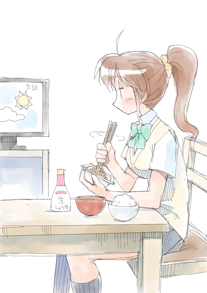 masuki, original, 1girl, bow, bowl, brown hair, chair, chopsticks, eating, food, holding, holding chopsticks, kneehighs, long hair, otonokizaka school uniform, ponytail, school uniform, sitting, skirt, socks, solo, table