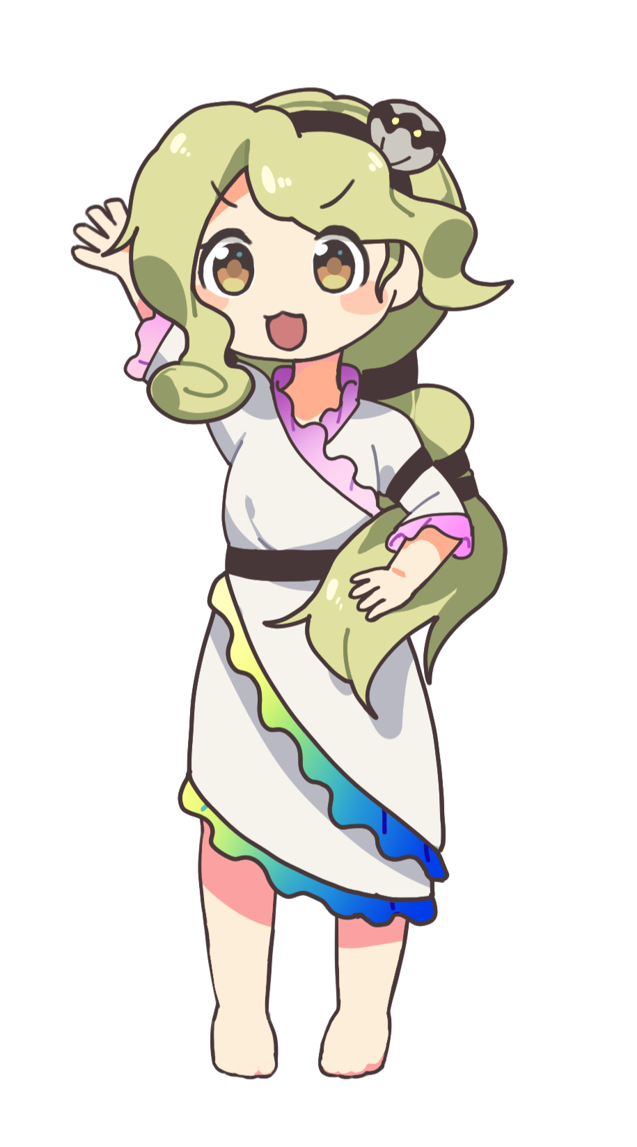 leftame, watari nina, touhou, commentary request, highres, 1girl, :3, barefoot, black hairband, black sash, dress, frilled sleeves, frills, full body, green hair, hairband, long hair, open mouth, rainbow gradient, sakamoto ahiru (style), sash, shell hair ornament, short sleeves, simple background, smile, solo, standing, transparent background, v-shaped eyebrows, white dress, yellow eyes