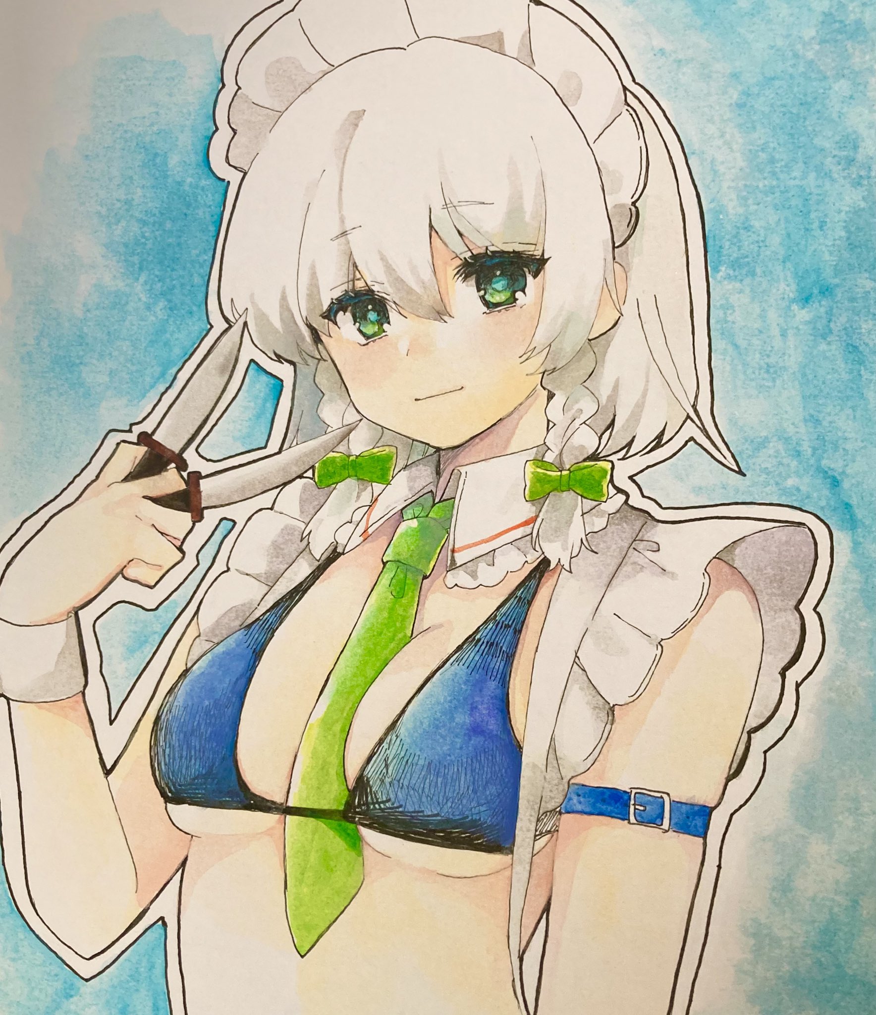 clover (lapis lazure), izayoi sakuya, touhou, highres, 1girl, blue background, blue eyes, braid, breasts, detached collar, looking at viewer, maid, maid headdress, medium breasts, solo, twin braids, upper body, white hair, wrist cuffs