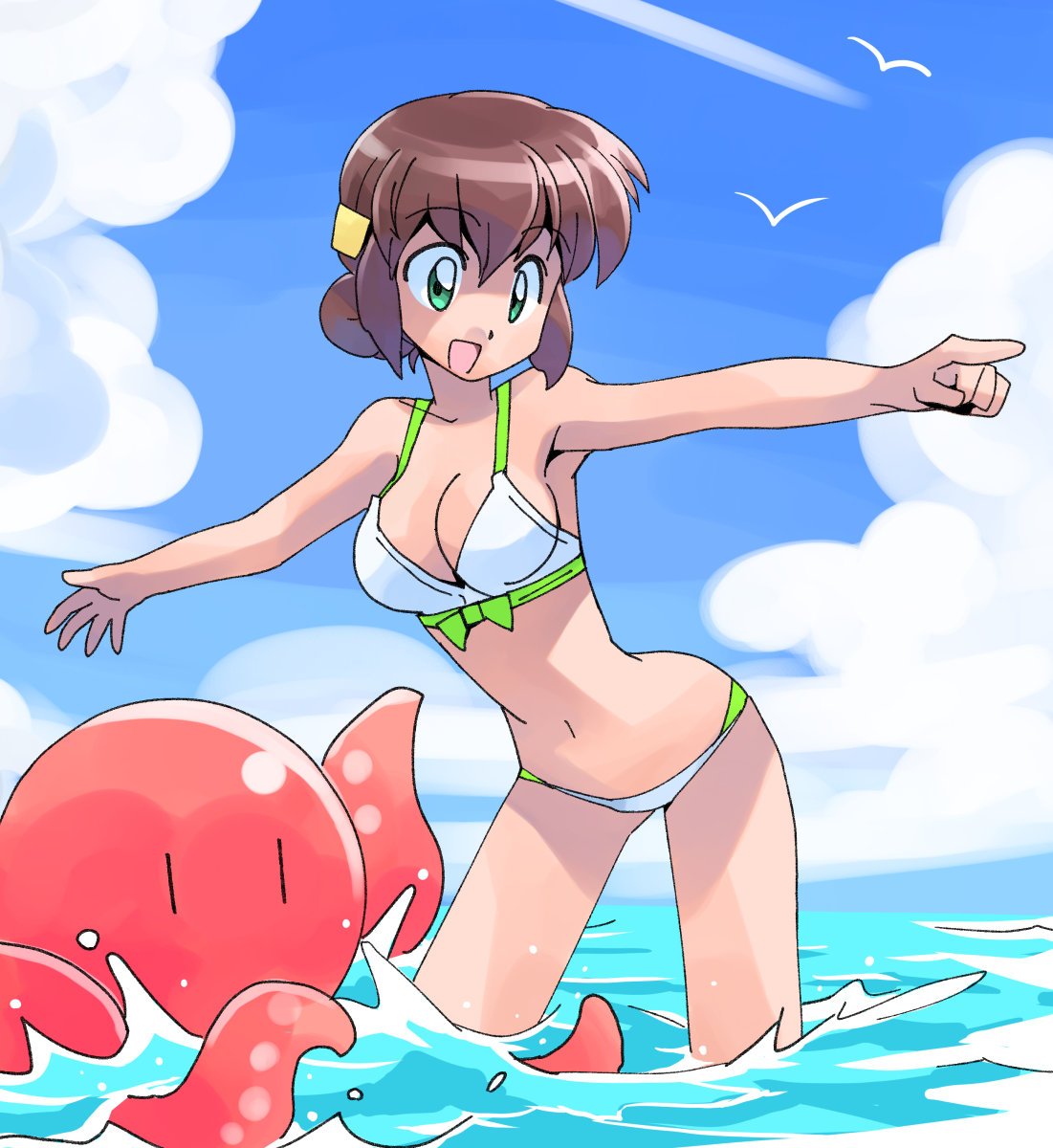 masuki, original, highres, 1girl, :d, beach, bikini, bird, breasts, brown hair, cleavage, cloud, day, green eyes, large breasts, navel, ocean, open mouth, outdoors, outstretched arms, short hair, sky, smile, solo, swimsuit, wading, water