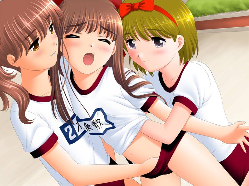 rb26dett, hattori ayumi, kibayashi rika, kurashiki anna, ayumichan labo, 3girls, black eyes, blonde hair, blush, brown eyes, brown hair, buruma, closed eyes, female focus, fingering, hair ornament, hairband, loli, long hair, multiple girls, open mouth, smile, yuri