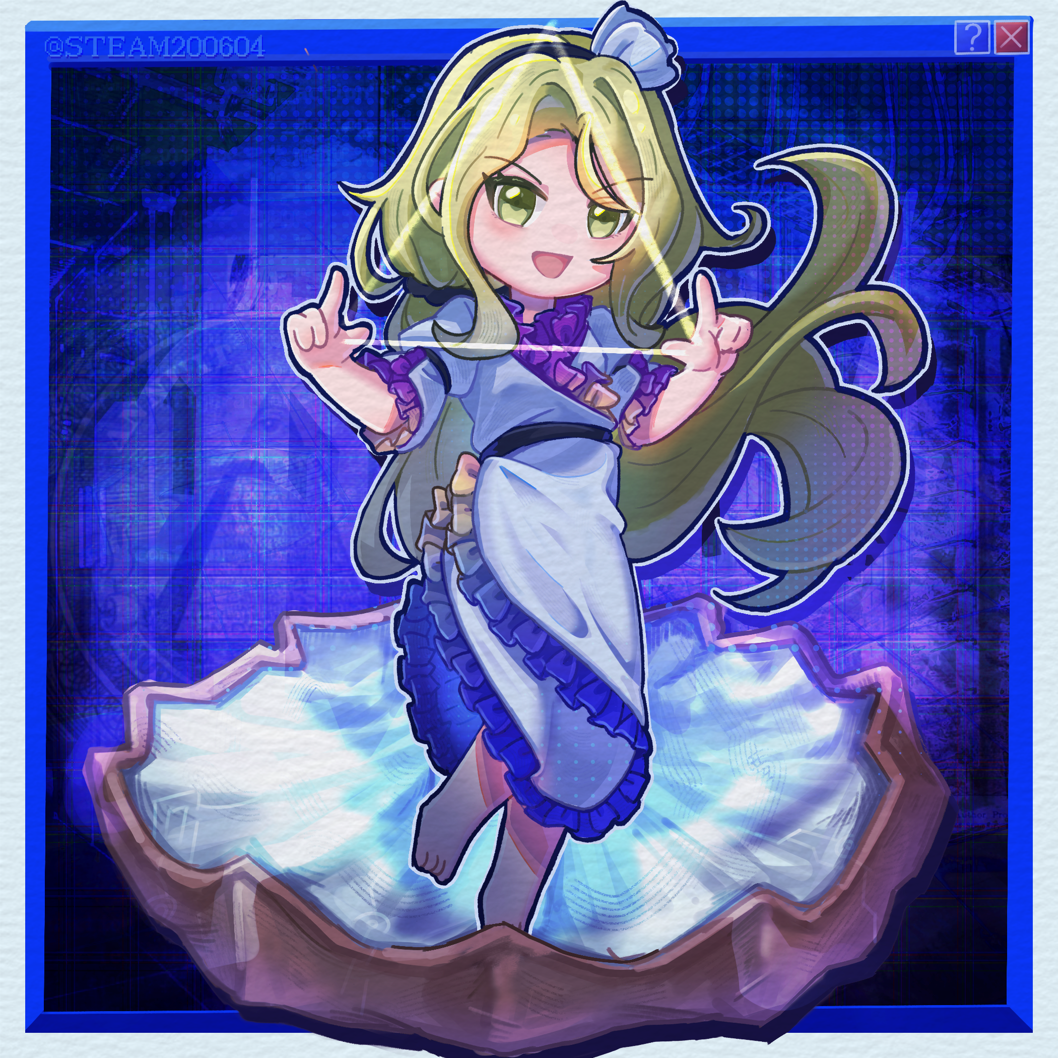 s-tea-m, watari nina, touhou, commentary request, highres, 1girl, :d, barefoot, black hairband, black sash, blonde hair, blue background, border, chibi, chibi only, dress, eye of providence, frilled dress, frills, full body, gradient clothes, grey dress, hairband, hands up, index finger raised, light blush, long hair, open mouth, oyster, pyramid (structure), sash, seashell, shell, shell hair ornament, short sleeves, smile, solo, triangle, white border, window (computing), yellow eyes