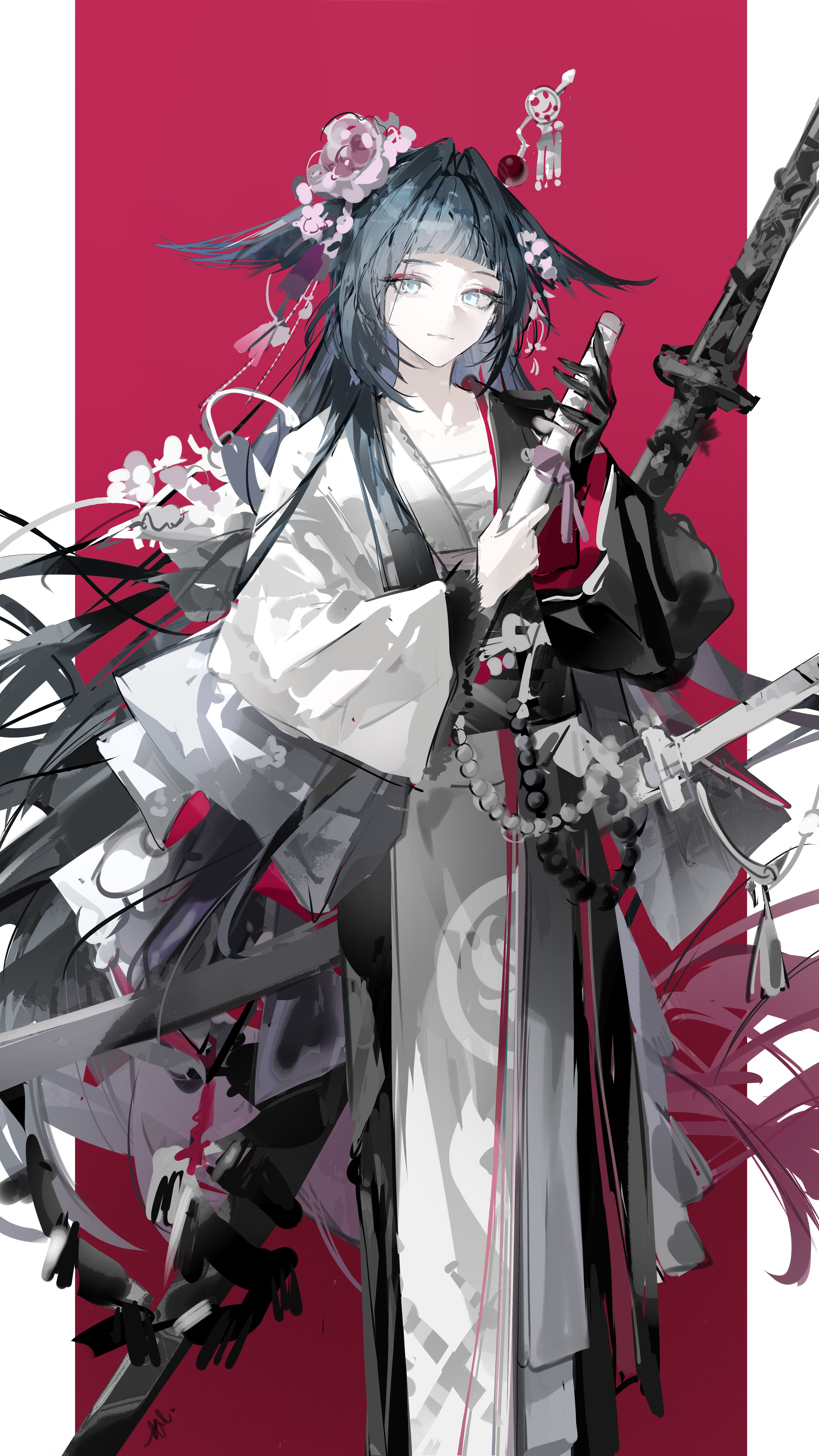 luozhou pile, mio (arknights), arknights, absurdres, highres, 1girl, black gloves, black hair, black kimono, blue eyes, chest sarashi, flower, gloves, hair flower, hair ornament, hair wings, japanese clothes, katana, kimono, long hair, long sleeves, looking at viewer, pink flower, sarashi, single glove, solo, sword, two-tone kimono, wakizashi, weapon, white kimono, wide sleeves