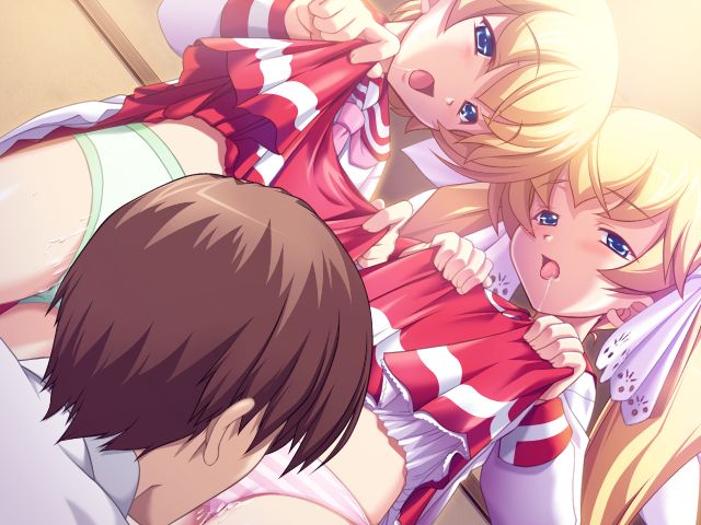 yatsuha kanan, alice von rozenblau, lilith von rozenblau, sensei daisuki 2, 1boy, 2girls, blonde hair, blue eyes, brown hair, loli, multiple girls, open mouth, panties, siblings, sisters, tongue, twins, underwear