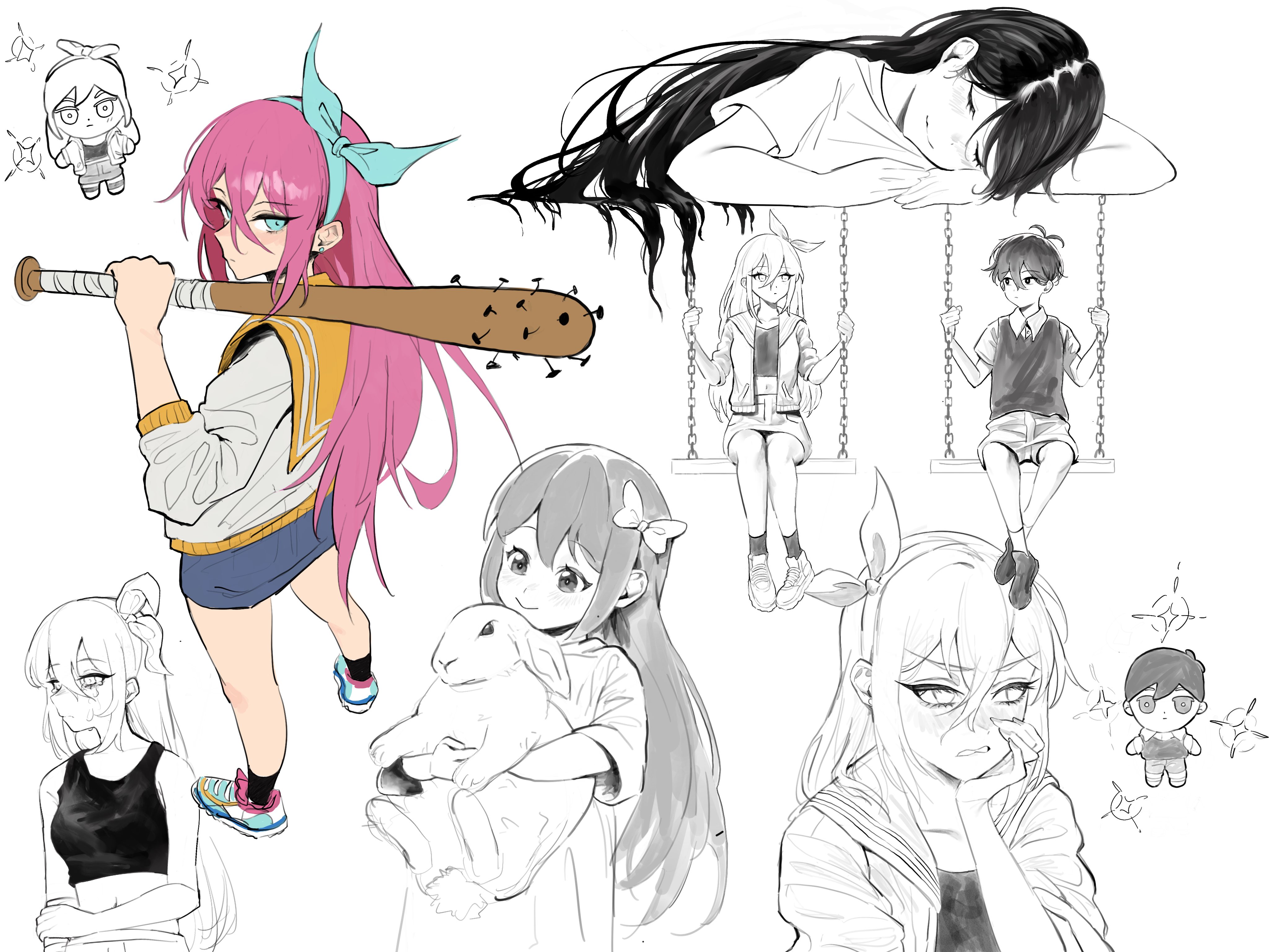 kisany, aubrey (faraway) (omori), aubrey (omori), mari (omori), mari (spirit) (omori), sunny (omori), omori, absurdres, highres, 1boy, 2girls, :>, baseball bat, blue eyes, blue hairband, blue skirt, bow, breasts, character doll, closed eyes, closed mouth, collarbone, crop top, denim, denim skirt, doll, double-parted bangs, hair between eyes, hair bow, hairband, jacket, long sleeves, looking at another, multiple girls, nail (hardware), nail bat, navel, parted lips, partially colored, pink hair, rabbit, simple background, sitting, skirt, small breasts, smile, swing, swing set, white jacket