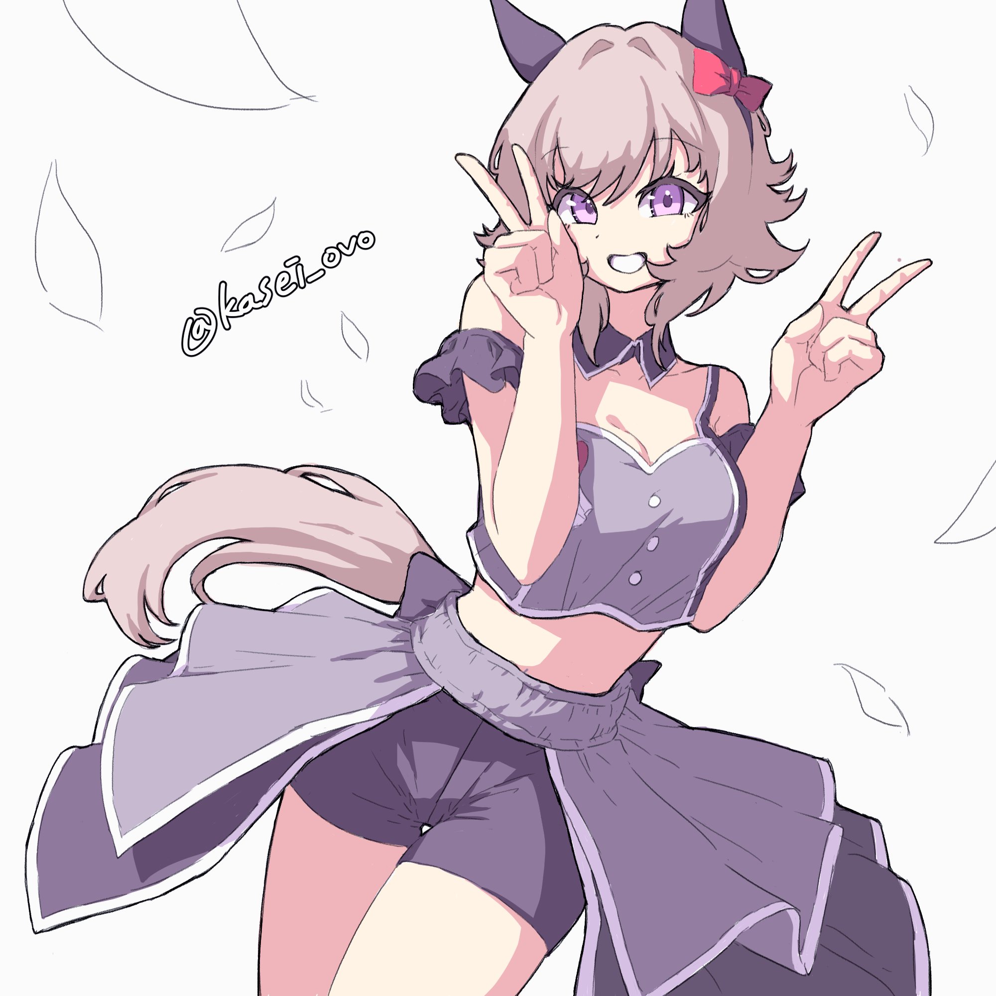 kasei ovo, curren chan (umamusume), umamusume, highres, 1girl, animal ears, bare shoulders, bow, breasts, brown hair, cleavage, collar, collarbone, crop top, detached collar, double v, ear bow, ear covers, grey hair, hair between eyes, horse ears, horse girl, horse tail, looking at viewer, medium breasts, midriff, navel, open mouth, purple eyes, purple shorts, purple skirt, red bow, short hair, shorts, simple background, skirt, smile, solo, tail, teeth, v, white background