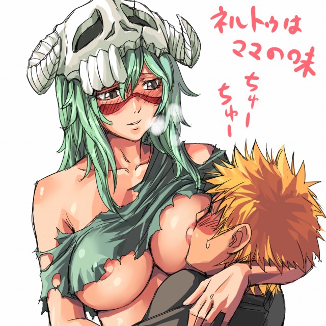 mosha, kurosaki ichigo, nelliel tu odelschwanck, bleach, translated, 00s, 1boy, 1girl, areola slip, arrancar, blush, breast sucking, breastfeeding, breasts, breath, covered erect nipples, facial mark, green hair, grey eyes, hetero, holding, large breasts, long hair, looking at another, no bra, off shoulder, orange hair, skull, torn clothes, underboob