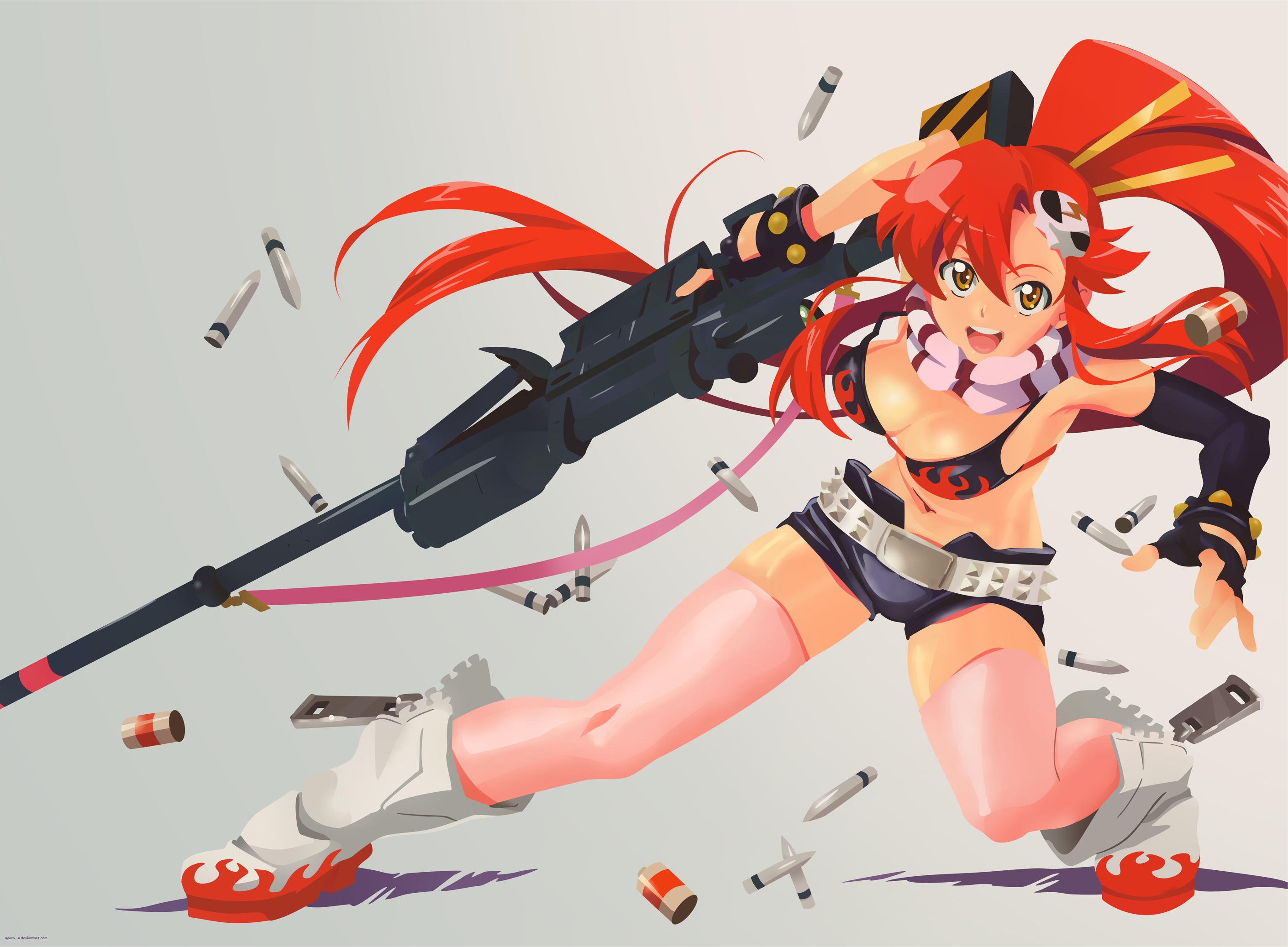 nishigori atsushi, yoko littner, tengen toppa gurren lagann, derivative work, highres, vector trace, 00s, 1girl, anti-materiel rifle, bikini, bikini top only, breasts, bullet, cleavage, elbow gloves, female focus, gloves, gun, long hair, ponytail, red hair, rifle, short shorts, shorts, sniper rifle, solo, swimsuit, thighhighs, weapon, yellow eyes