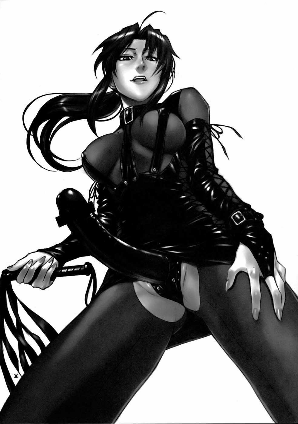 azasuke, revy (black lagoon), black lagoon, shogakukan, highres, 00s, 1girl, bdsm, breasts, censored, dildo, dominatrix, elbow gloves, female focus, femdom, from below, gloves, greyscale, leather, long hair, monochrome, pantyhose, pointless censoring, sex toy, solo, strap-on, torn clothes, torn pantyhose, whip, you gonna get raped