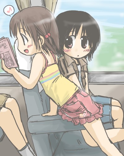 vehicle, artist request, lowres, source request, 2girls, black hair, blush, book, brown hair, bus, crotch rub, female masturbation, flat chest, hair bobbles, hair ornament, loli, masturbation, miniskirt, motor vehicle, multiple girls, musical note, open book, open mouth, public indecency, reading, short hair, skirt, spoken musical note, tank top