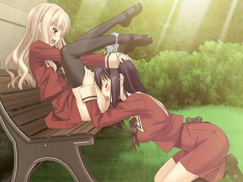 peko, kawamura reo, sawaguchi mai, sono hanabira ni kuchizuke wo, hand on head, uniform, game cg, 2girls, ass, bench, blush, bottomless, cunnilingus, headpat, kneeling, mary janes, multiple girls, no panties, oral, outdoors, panties, panties around leg, pussy juice, school uniform, serafuku, shoes, side-tie panties, skirt, skirt lift, thighhighs, underwear, yuri