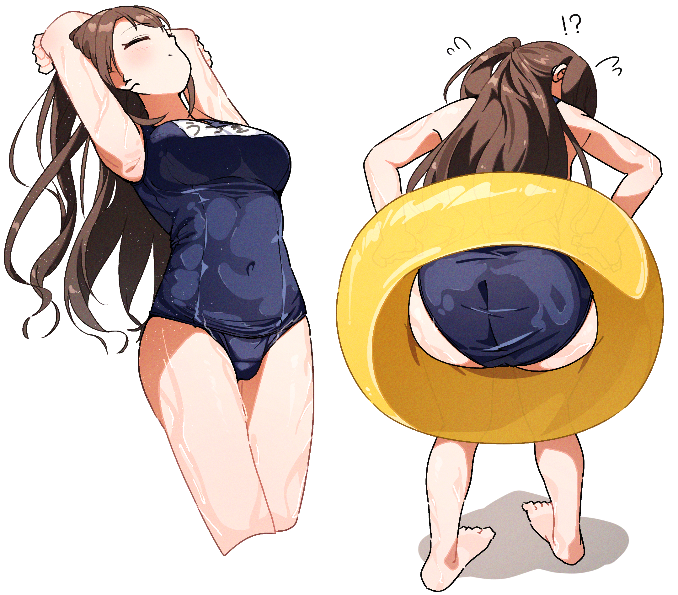 yairo ju, shimamura uzuki, idolmaster, idolmaster cinderella girls, highres, !?, 1girl, ass, barefoot, blue one-piece swimsuit, brown hair, closed eyes, closed mouth, cropped legs, flying sweatdrops, from behind, innertube, light blush, long hair, multiple views, old school swimsuit, one-piece swimsuit, one side up, school swimsuit, standing, stretching, swim ring, swimsuit, wet