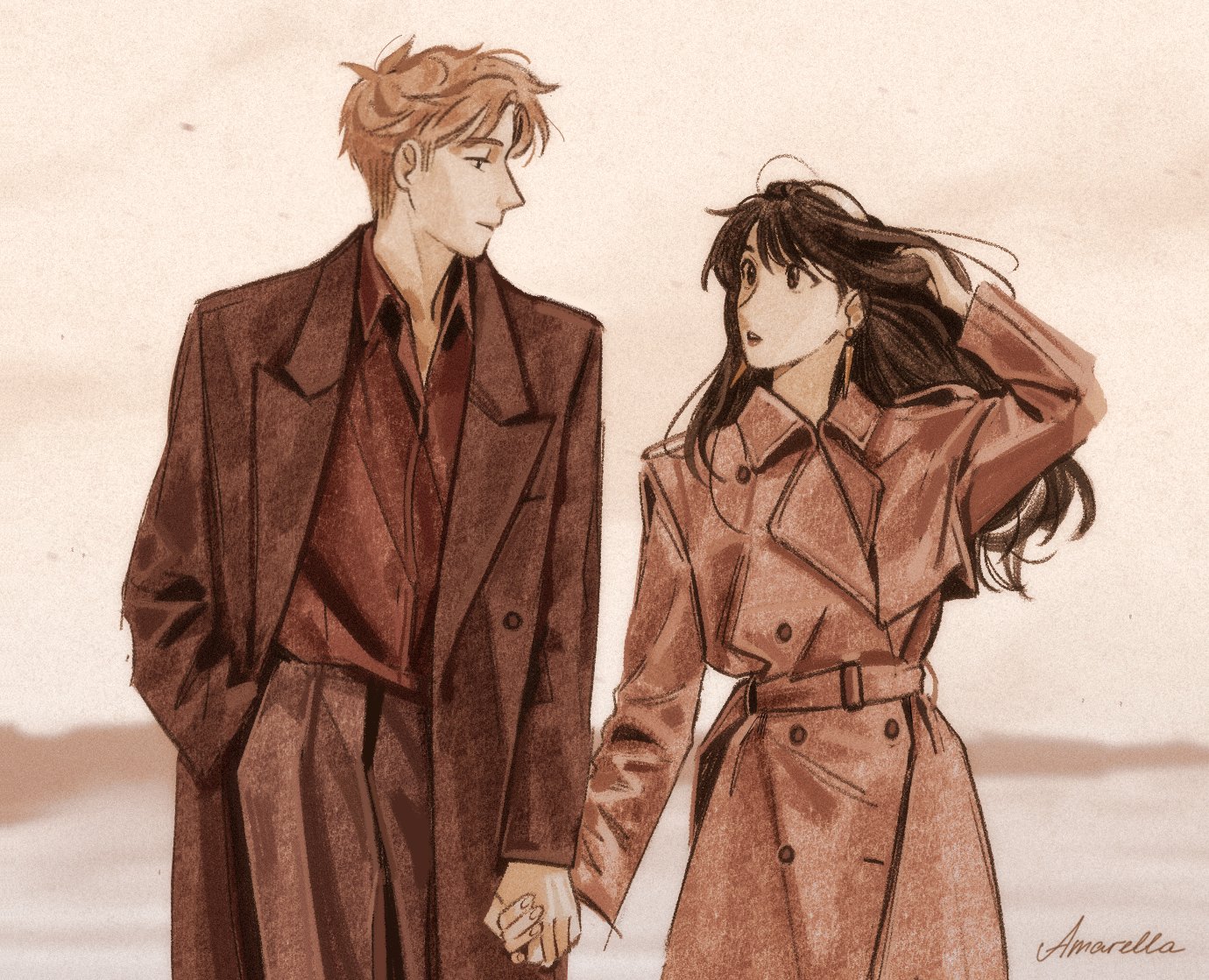 twilight (spy x family), yor briar, spy x family, commentary, english commentary, 1boy, 1girl, amamamumu, artist name, collared shirt, cowboy shot, eye contact, floating hair, hand in own hair, hand in pocket, holding hands, long hair, looking at another, monochrome, outdoors, parted lips, shirt, short hair