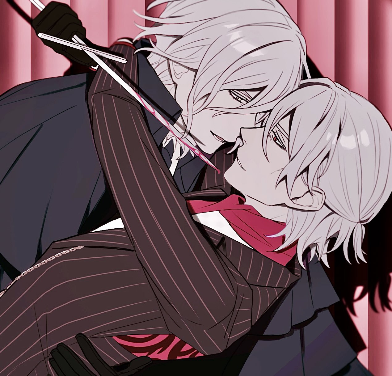 sumi (gfgf 045), antonio salieri (fate), antonio salieri (second ascension) (fate), edmond dantes (fate), fate/grand order, fate (series), highres, 2boys, arms around neck, ascot, black cloak, black gloves, blood, bloody knife, bloody weapon, brown jacket, cloak, cross-shaped pupils, eye contact, face-to-face, gloves, hair between eyes, half updo, hand on another's back, holding, holding knife, holding weapon, jacket, knife, long sleeves, looking at another, male focus, medallion, multiple boys, pink blood, red ascot, red eyes, shirt, symbol-shaped pupils, weapon, white shirt, yaoi, yellow eyes