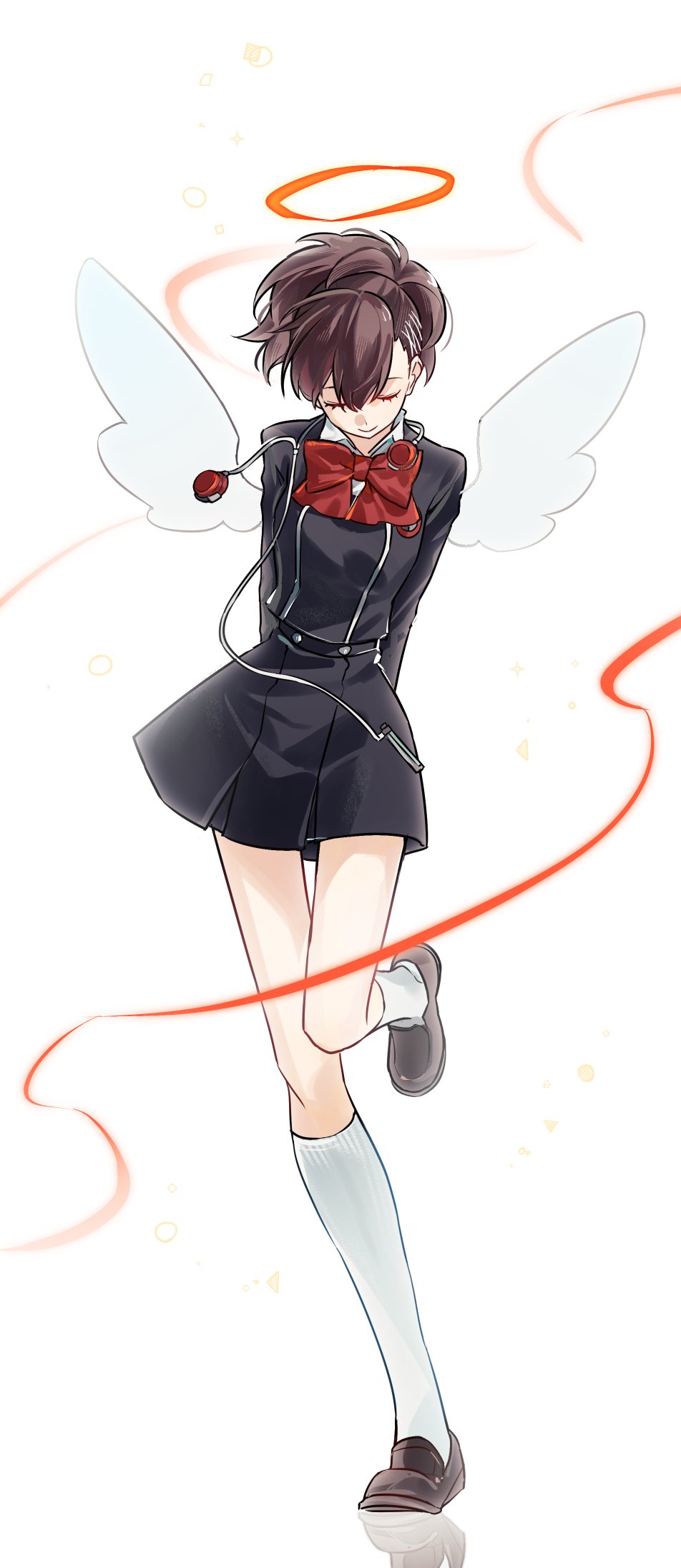 eca leaf, shiomi kotone, persona, persona 3, persona 3 portable, highres, 1girl, arms behind back, black jacket, black skirt, bow, brown hair, brown shoes, closed eyes, closed mouth, digital media player, full body, gekkoukan high school uniform, hair between eyes, hair ornament, hairclip, halo, headphones, jacket, kneehighs, loafers, red bow, red ribbon, ribbon, school uniform, shoes, short hair, simple background, skirt, smile, socks, solo, standing, standing on one leg, white background, white socks, white wings, wings