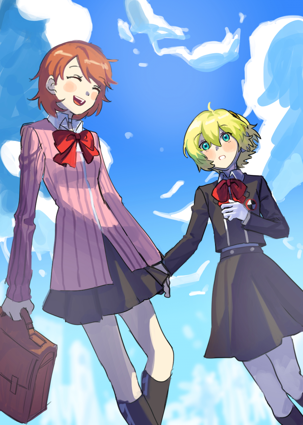 yomyompi, aigis (persona), takeba yukari, persona, persona 3, highres, 2girls, android, bag, black jacket, black skirt, black socks, blonde hair, blue eyes, blue sky, blush, blush stickers, bow, bowtie, brown bag, brown hair, cardigan, choker, closed eyes, cloud, cloudy sky, collared shirt, feet out of frame, gekkoukan high school uniform, holding, holding bag, jacket, long sleeves, looking at another, miniskirt, multiple girls, open mouth, outdoors, parted lips, pink cardigan, pleated skirt, red bow, red bowtie, ribbed cardigan, school bag, school uniform, shirt, short hair, skirt, sky, smile, socks, white choker, white shirt
