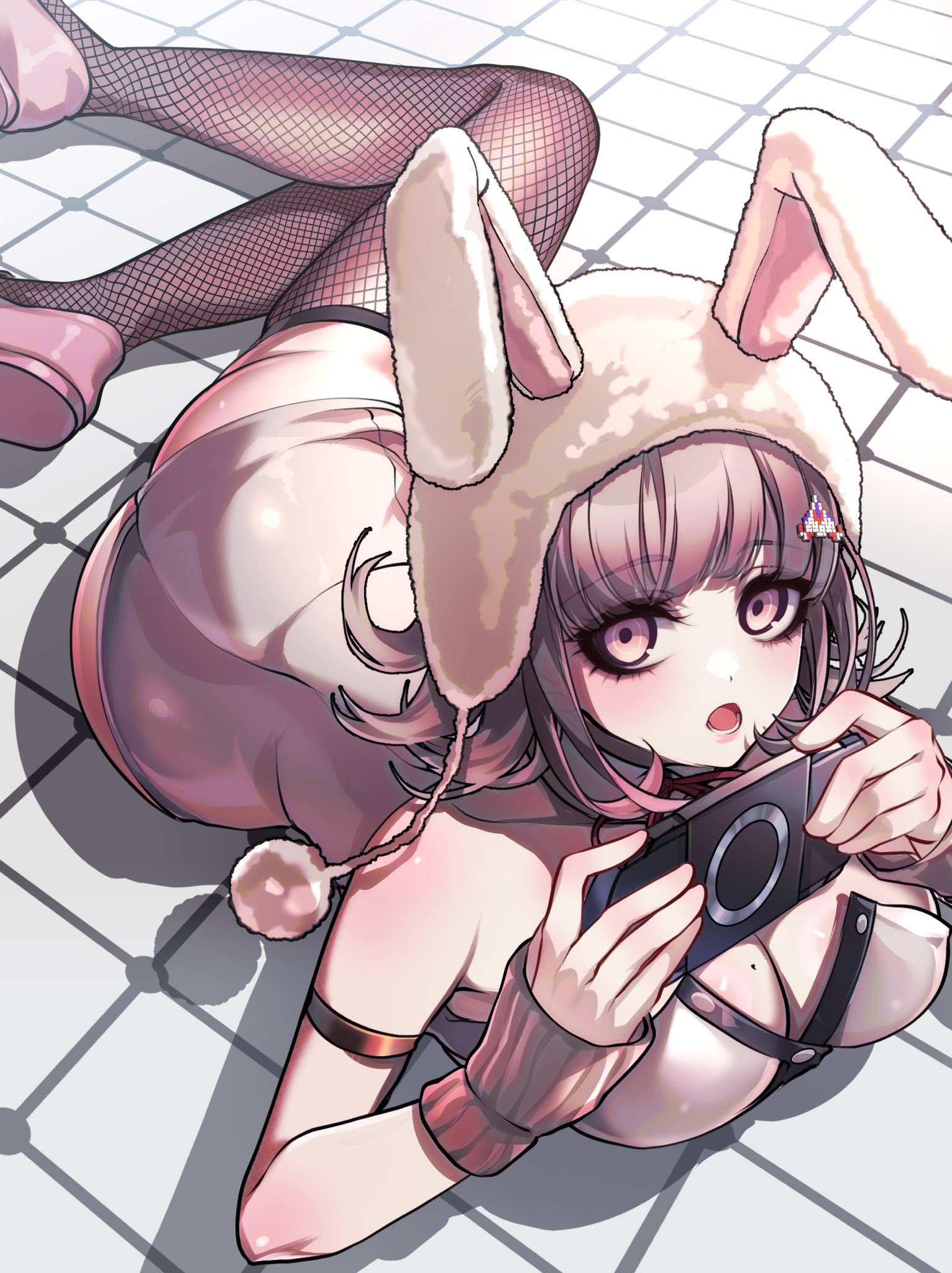 nota sayaka, nanami chiaki, danganronpa (series), danganronpa 2: goodbye despair, commentary request, highres, 1girl, :o, animal ears, ass, breasts, bunny day, cleavage, fake animal ears, fishnet thighhighs, fishnets, handheld game console, holding, holding handheld game console, large breasts, leotard, lying, mole, mole on breast, official alternate costume, on floor, open mouth, pink eyes, pink hair, pink shoes, playboy bunny, playstation portable, rabbit ears, shadow, shoes, short hair, solo, thighhighs, white leotard