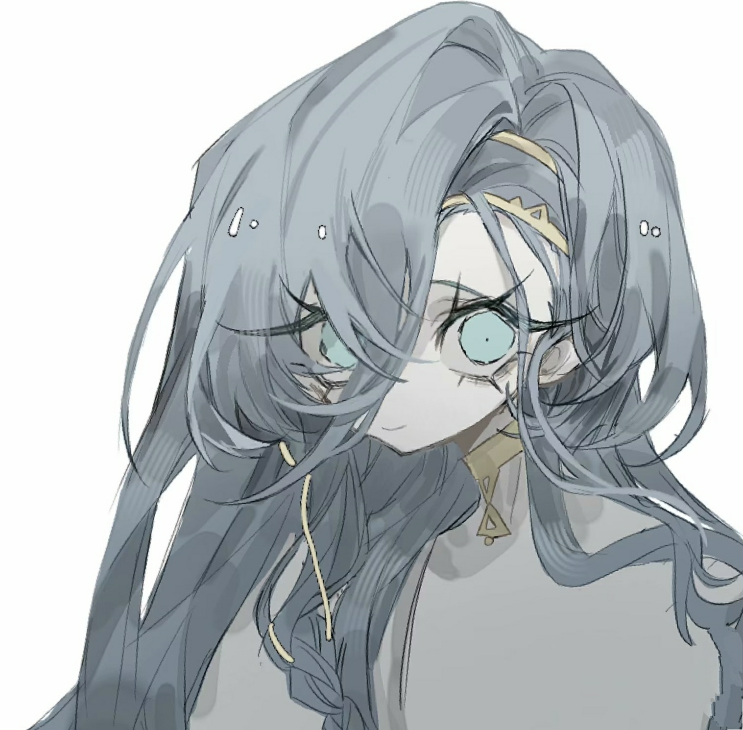 kapeizuibuxiu, 37 (reverse:1999), reverse:1999, chinese commentary, commentary request, highres, 1girl, blue eyes, closed mouth, eyelashes, grey hair, long hair, looking at viewer, portrait, simple background, smile, solo, white background