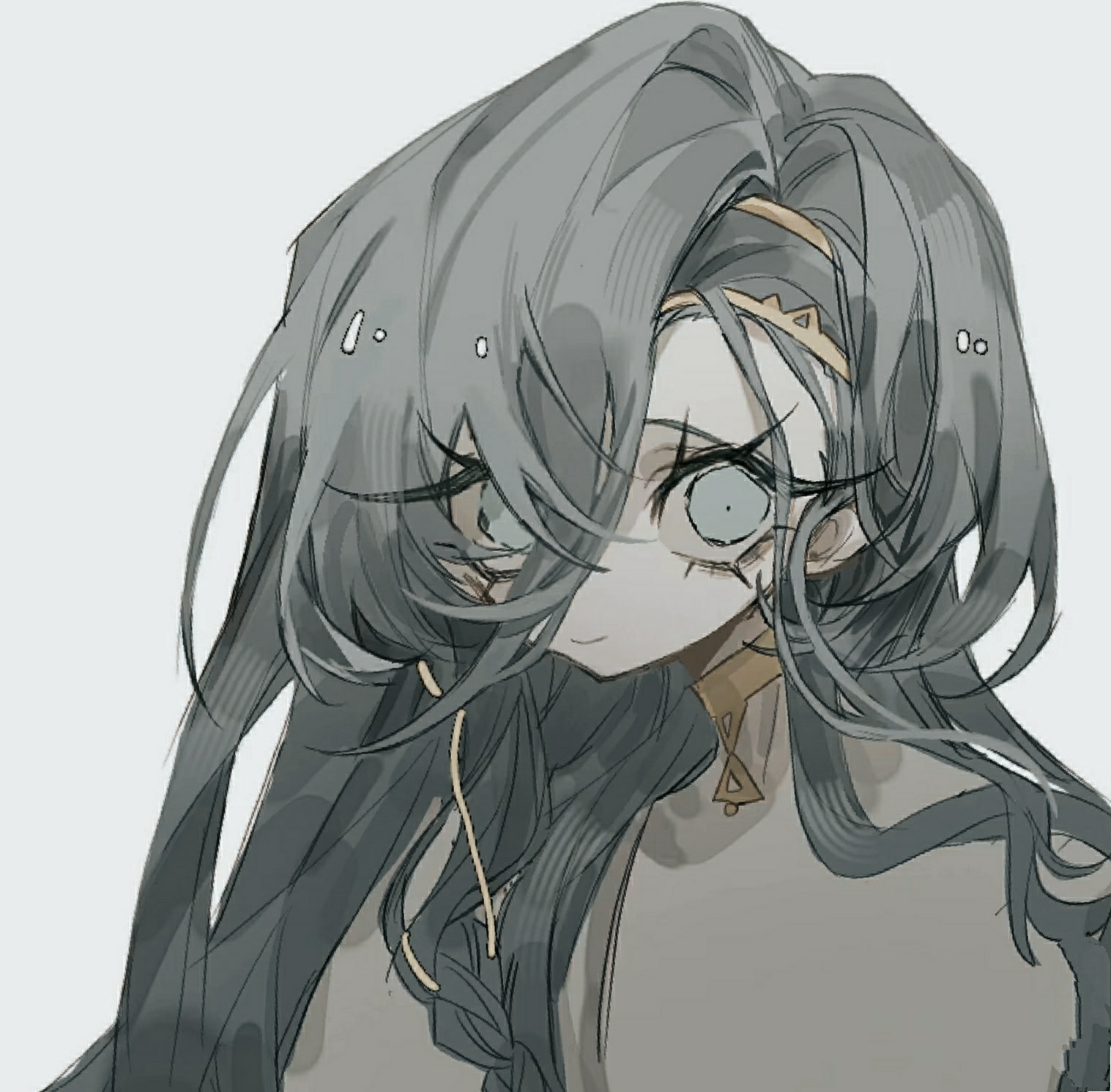 kapeizuibuxiu, 37 (reverse:1999), reverse:1999, chinese commentary, commentary request, highres, 1girl, blue eyes, closed mouth, eyelashes, grey hair, long hair, looking at viewer, portrait, simple background, smile, solo, white background