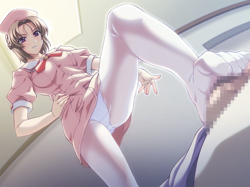 isami rinka, yakin byoutou, yakin byoutou 3, white legwear, game cg, braid, brown hair, censored, dutch angle, feet, femdom, footjob, hat, legs, nurse, nurse cap, panties, pantyhose, pantyshot, penis, purple eyes, underwear, upskirt, white panties