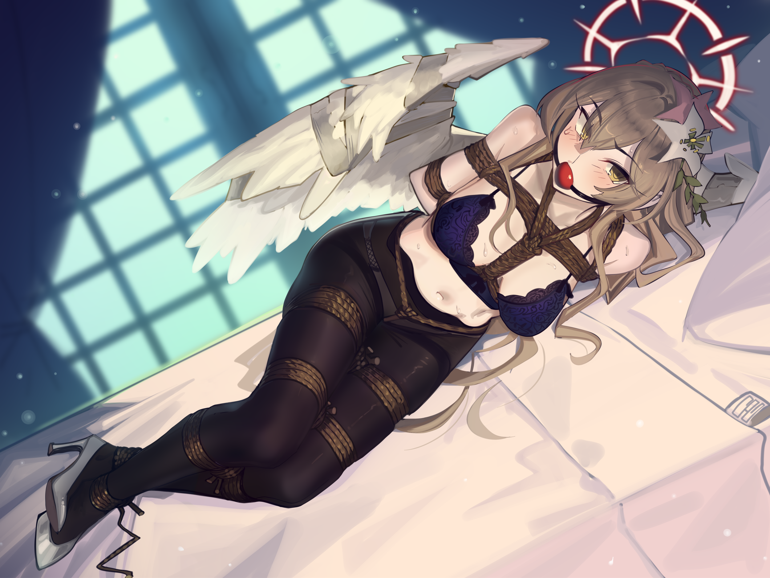cad (caddo), nagisa (blue archive), blue archive, highres, 1girl, angel wings, arms behind back, ball gag, bdsm, black pantyhose, blue bra, blush, bondage, bound, bound ankles, bound arms, bound legs, bound thighs, bound torso, bound wings, bound wrists, bra, breast bondage, breasts, crossed ankles, crotch rope, flower, gag, gagged, hair flower, hair ornament, halo, high heels, long hair, lying, medium breasts, navel, on bed, on side, panties, panties under pantyhose, pantyhose, restrained, rope, shibari, shibari over clothes, shoes, solo, tape, tape bondage, thighband pantyhose, underwear, white shoes, white wings, wings, yellow eyes