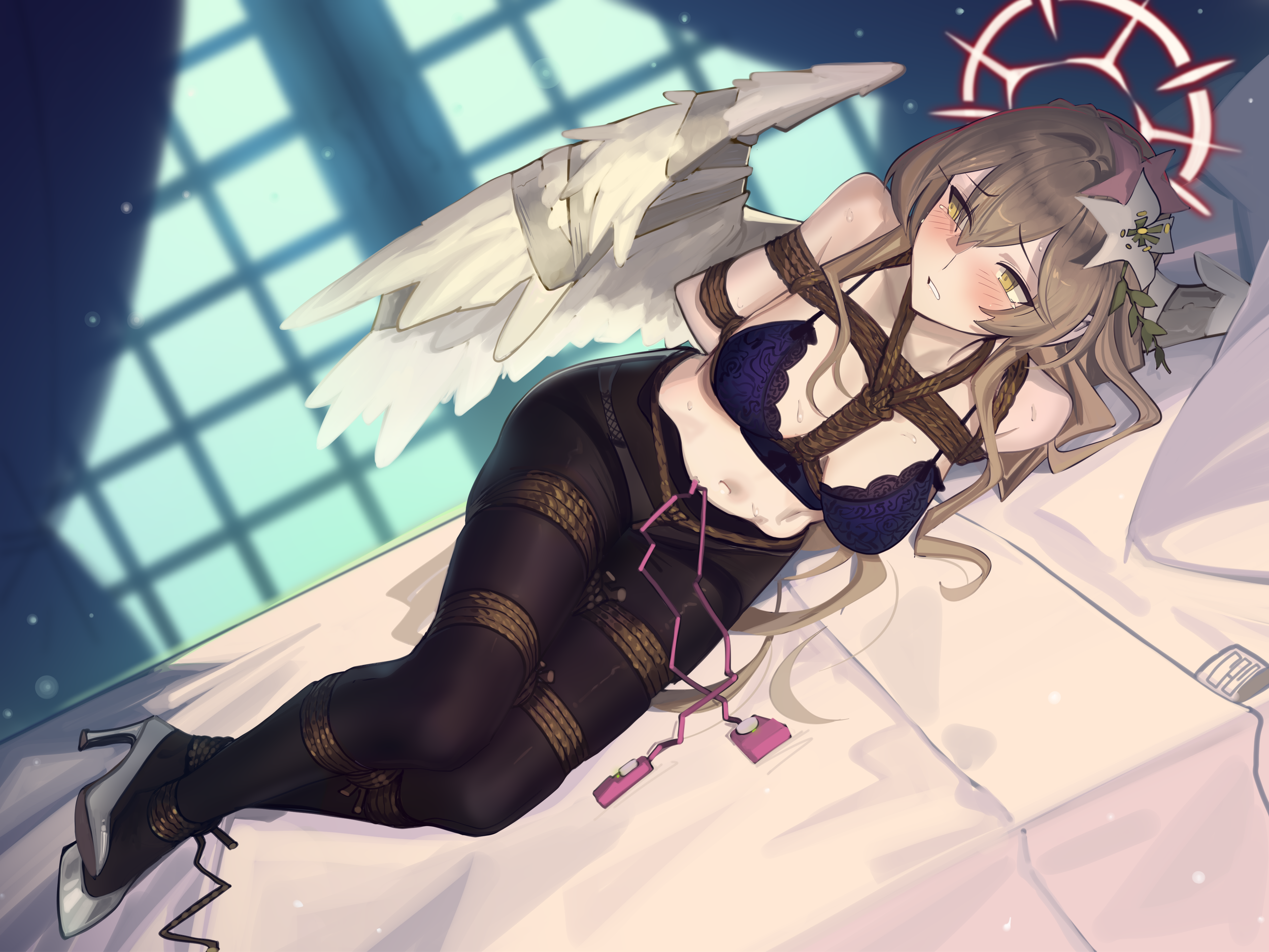 cad (caddo), nagisa (blue archive), blue archive, highres, 1girl, angel wings, arms behind back, bdsm, black pantyhose, blue bra, blush, bondage, bound, bound ankles, bound arms, bound legs, bound thighs, bound torso, bound wings, bound wrists, bra, breast bondage, breasts, crossed ankles, crotch rope, egg vibrator, embarrassed, flower, hair flower, hair ornament, halo, high heels, long hair, lying, medium breasts, navel, on bed, on side, panties, panties under pantyhose, pantyhose, restrained, rope, sex toy, shibari, shibari over clothes, shoes, solo, tape, tape bondage, thighband pantyhose, underwear, vibrator, vibrator cord, vibrator under clothes, vibrator under panties, white shoes, white wings, wings, yellow eyes
