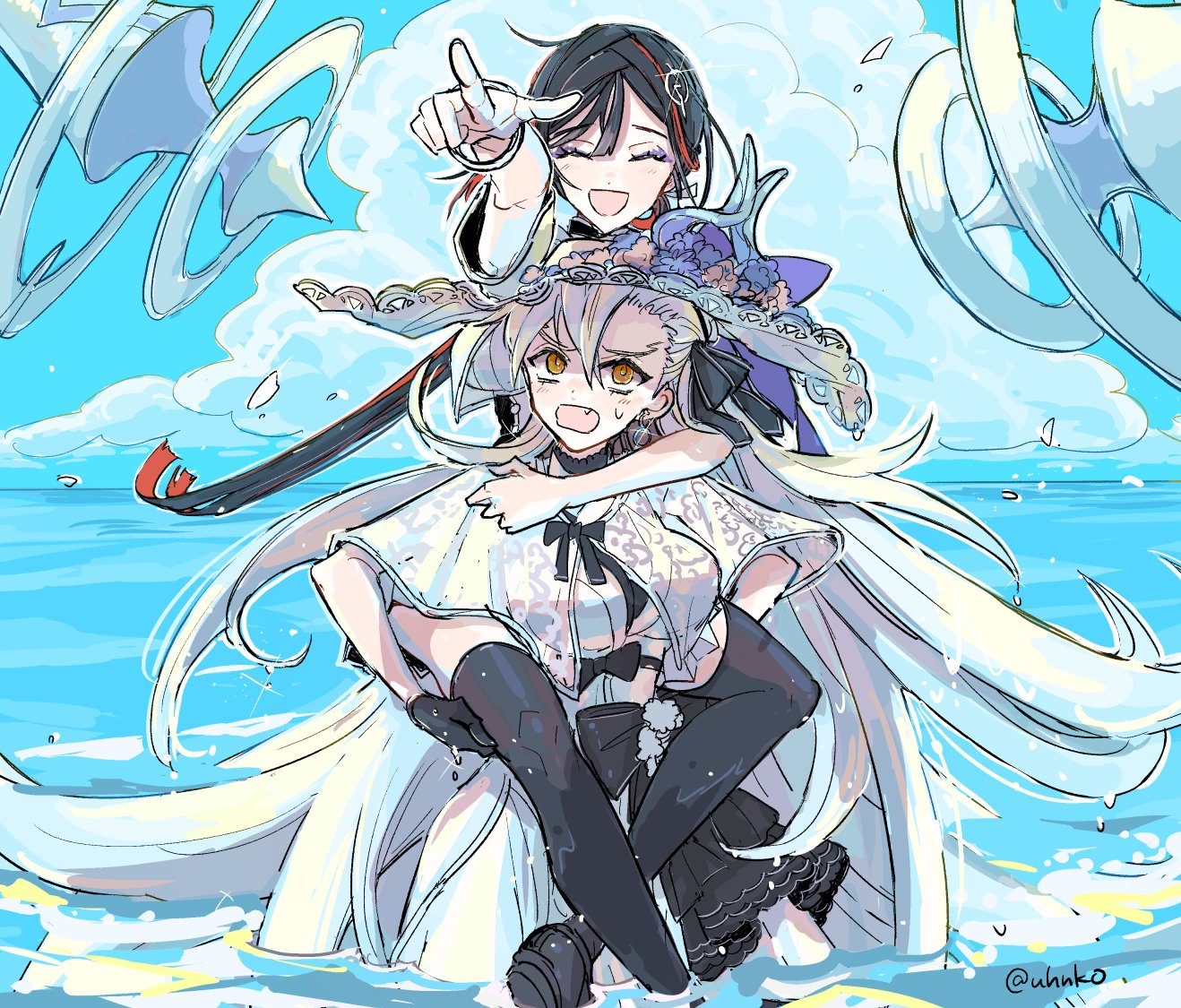 uhana, miss crane (fate), olga marie animusphere, u-olga marie, u-olga marie (first ascension), fate/grand order, fate (series), commentary, hashtag-only commentary, 2girls, black hair, black thighhighs, blonde hair, blush, closed eyes, cloud, dress, fang, grey hair, hair between eyes, hat, jeunesse crane (fate), jeunesse crane (second ascension) (fate), long hair, looking at another, looking up, multicolored hair, multiple girls, ocean, outdoors, partially submerged, pointing, red hair, streaked hair, sun hat, thighhighs, twitter username, two-tone hair, very long hair, water, white dress