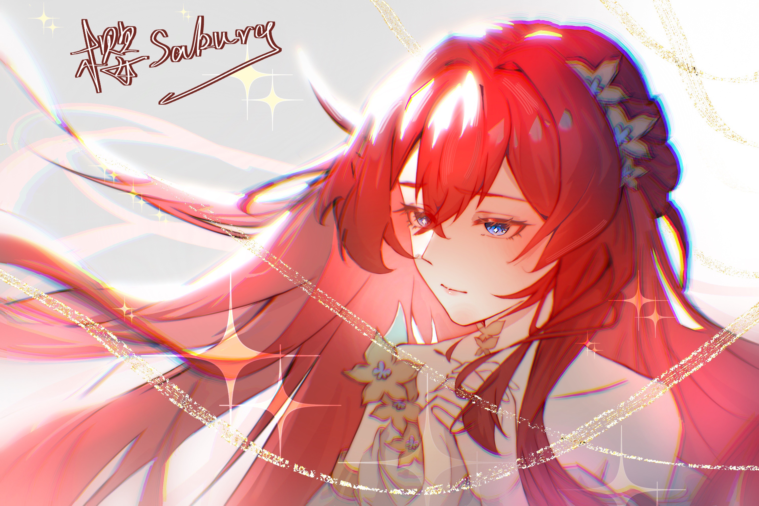 tribios (honkai: star rail), honkai: star rail, honkai (series), chinese commentary, commentary request, highres, 1girl, artist name, bare shoulders, blue eyes, closed mouth, collarbone, dress, head wreath, long hair, no ying sakura, own hands together, red hair, solo, upper body, very long hair, white dress