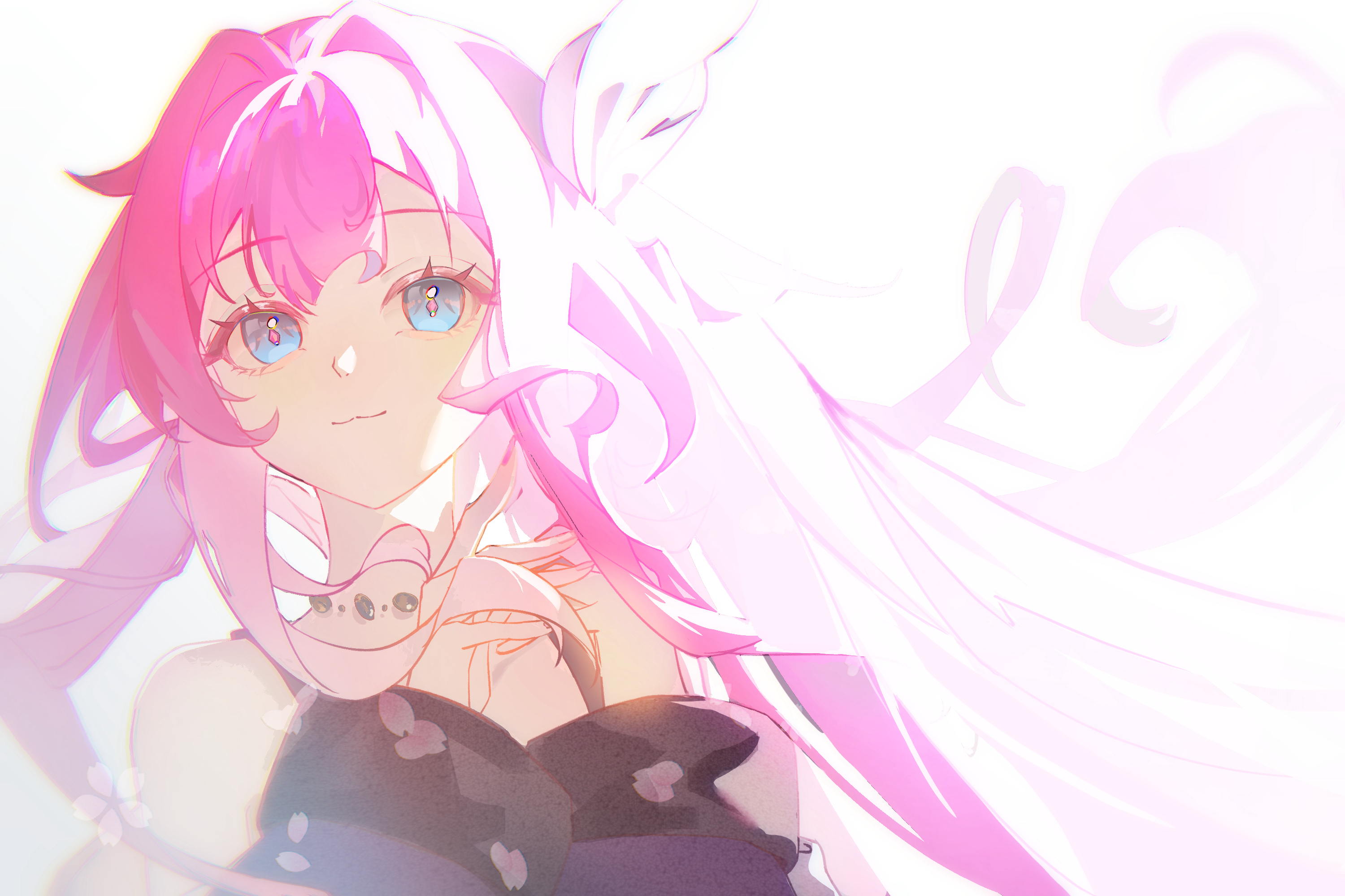 cyrene (honkai: star rail), honkai: star rail, honkai (series), chinese commentary, commentary request, highres, 1girl, bare shoulders, coat, hair ornament, jewelry, long hair, necklace, no ying sakura, own hands together, pink hair, purple coat, simple background, smile, solo, upper body, white background