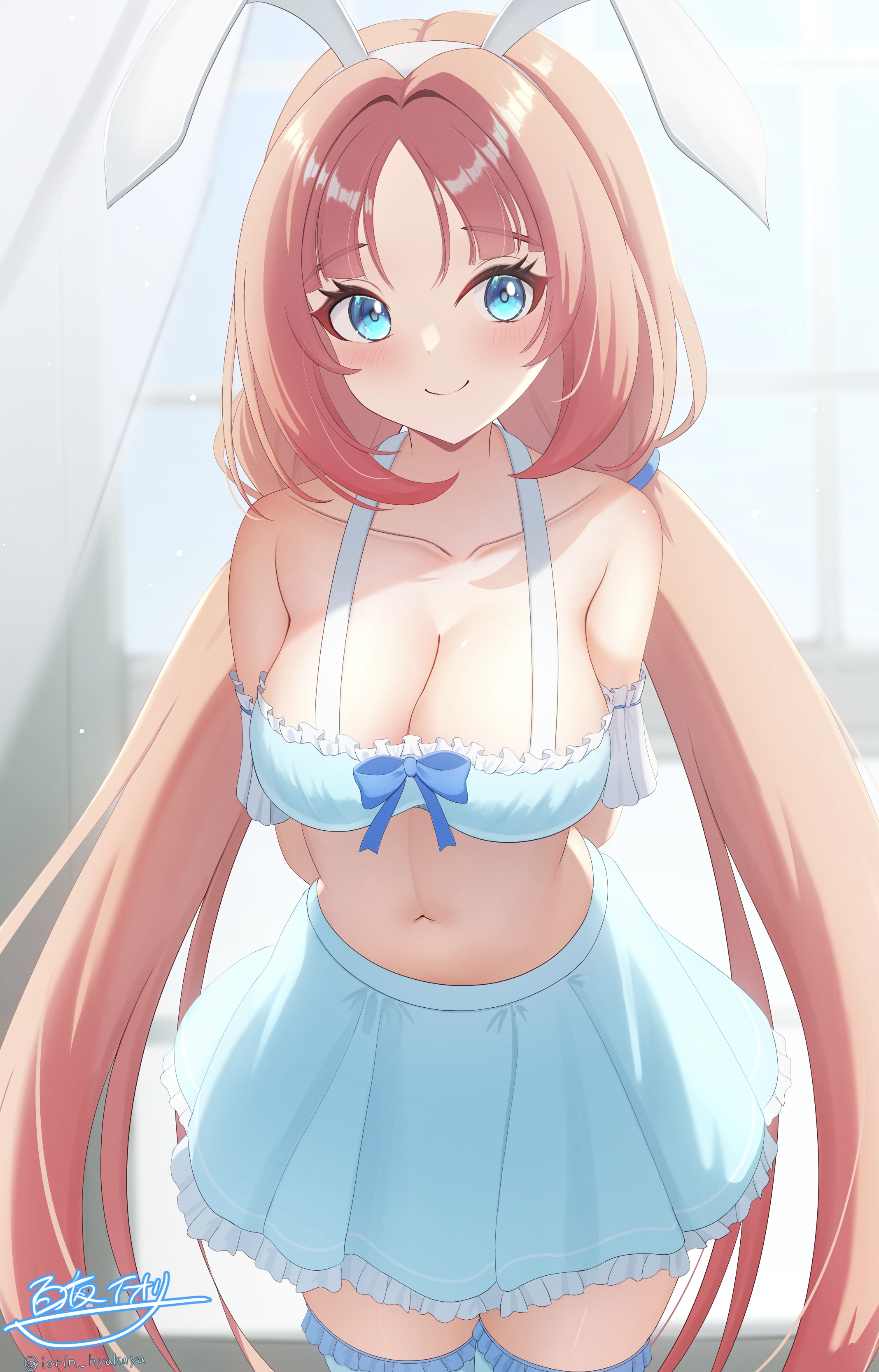 hyakuya iori, nilou (genshin impact), genshin impact, absurdres, commentary request, highres, 1girl, alternate costume, animal ear hairband, animal ears, arms behind back, bare shoulders, blue bow, blue eyes, blue skirt, blue thighhighs, blush, bow, breasts, cleavage, closed mouth, collarbone, day, fake animal ears, hairband, indoors, large breasts, long hair, looking at viewer, navel, rabbit ears, red hair, signature, skirt, smile, solo, stomach, thighhighs, twitter username, very long hair, white hairband
