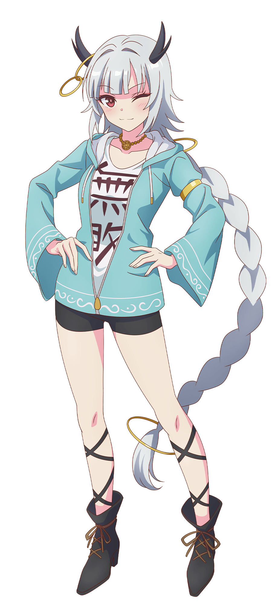 watanabe yoshihiro, kami wa game ni ueteiru, highres, official art, 1girl, anime coloring, arm belt, bike shorts, black boots, black horns, blue hoodie, blush, boots, braid, braided ponytail, closed mouth, collarbone, eyeliner, full body, grey hair, hands on own hips, high heel boots, high heels, hood, hood down, hoodie, horns, long hair, looking at viewer, makeup, mysterious beautiful girl (kami wa game ni ueteiru), one eye closed, open clothes, open hoodie, red eyeliner, red eyes, shirt, simple background, smile, solo, standing, t-shirt, transparent background, tsurime, very long hair, white shirt, wide sleeves