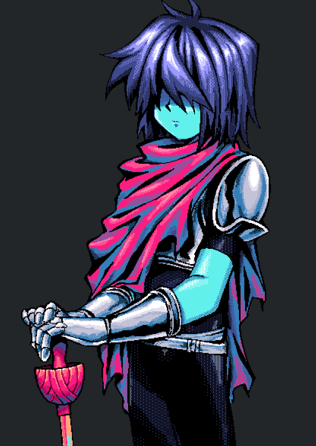 goomyloid, kris (dark world) (deltarune), kris (deltarune), deltarune, utdr (toby fox), commentary, english commentary, 1other, armor, armored gloves, black unitard, blue hair, blue skin, cape, colored skin, grey background, hair over eyes, other focus, pc-98 (style), pink cape, short hair, shoulder armor, side cape, simple background, solo, sword, weapon