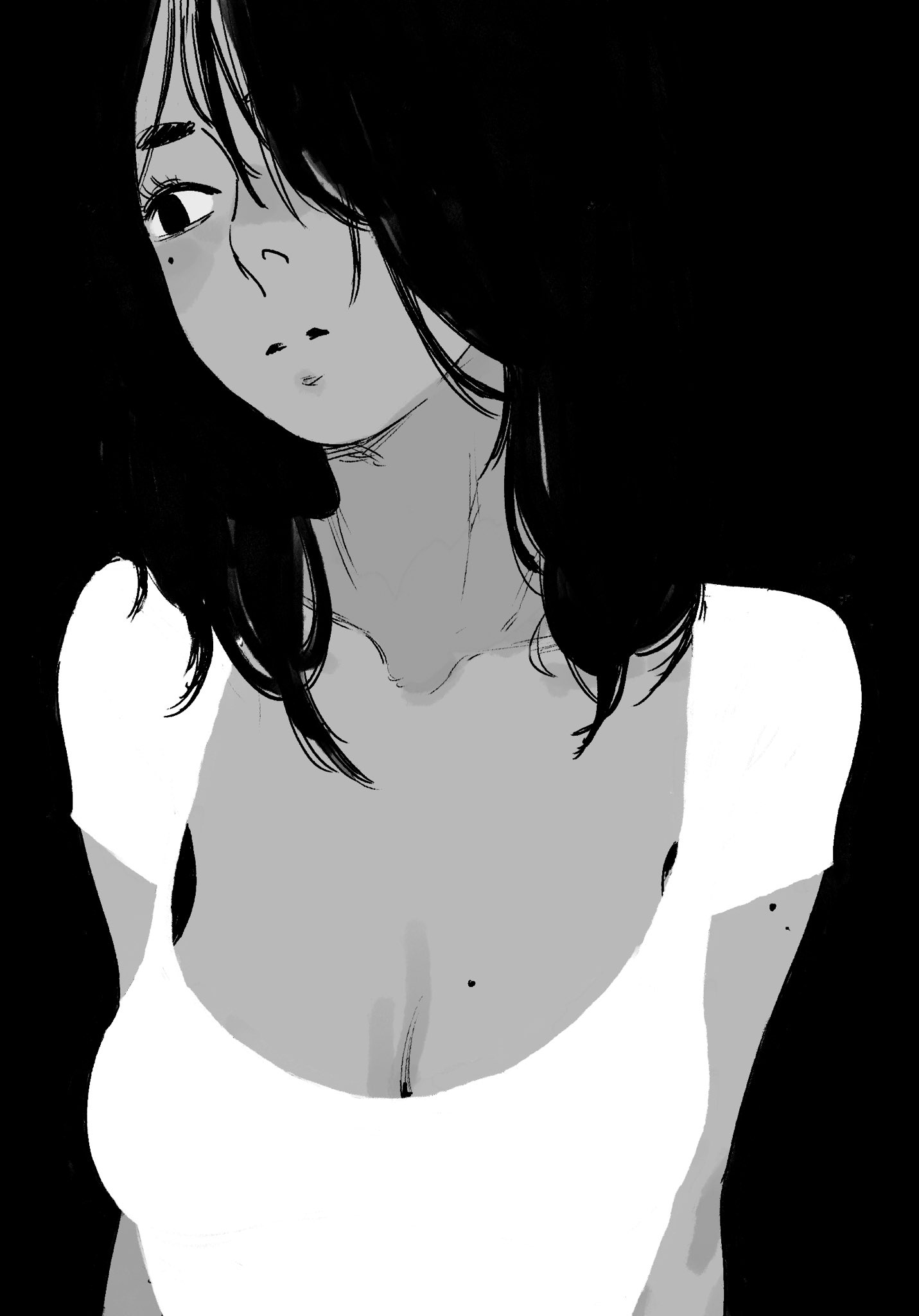 dray (meerkat dray), original, highres, 1girl, black background, breasts, collarbone, greyscale, long hair, mole, mole on breast, monochrome, simple background, solo, sweat, upper body