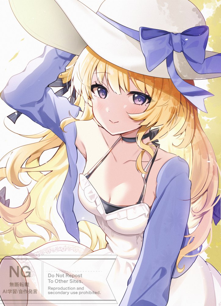 omuretsu, phoebe (wuthering waves), wuthering waves, commentary, 1girl, alternate costume, arm up, black choker, black ribbon, blonde hair, breasts, choker, cleavage, closed mouth, collarbone, dress, hair ribbon, halter dress, halterneck, hat, jacket, light blush, long hair, looking at viewer, medium breasts, open clothes, open jacket, purple eyes, purple jacket, ribbon, smile, solo, very long hair, white dress, white hat