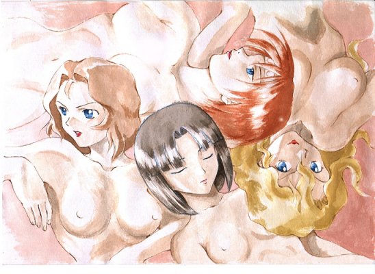 ennil el, sala tyrrell, tiffa adill, toniya malme, after war gundam x, gundam, 4girls, blonde hair, blue eyes, breasts, brown hair, closed eyes, lips, lipstick, long hair, lying, makeup, multiple girls, navel, nipples, nude, open mouth, red hair, short hair, teeth, tongue