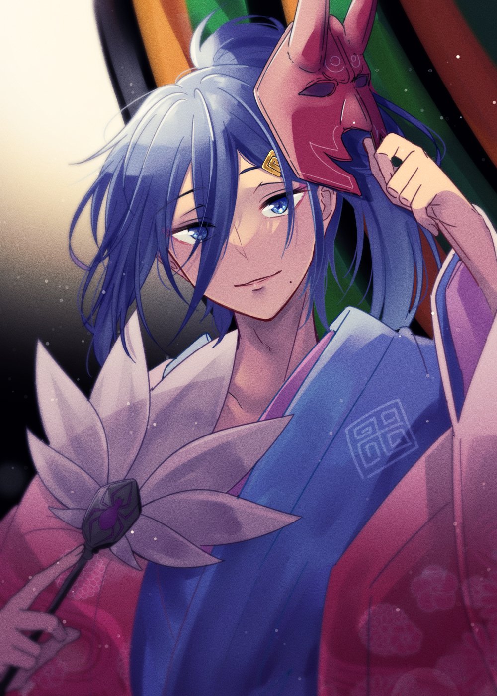 cecilus segmunt, re:zero kara hajimeru isekai seikatsu, highres, 1boy, ahoge, blue eyes, blue hair, closed mouth, colorful background, flower, fox mask, glowing, hair between eyes, hair ornament, hand on headwear, indoors, japanese clothes, kimono, long hair, looking at viewer, lotus, mask, mole, mole under mouth, oni mask, oshi suko1, patterned background, ponytail, sash, smile, solo, staff, upper body, yukata