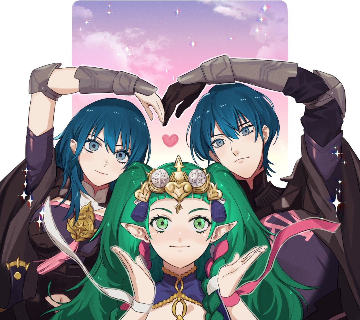 emcgame, female byleth (fire emblem), male byleth (fire emblem), sothis (fire emblem), fire emblem, fire emblem: three houses, nintendo, commentary request, 1boy, 2girls, armor, black gloves, blue eyes, blue hair, closed mouth, gloves, green eyes, green hair, heart, jewelry, long hair, looking at viewer, multiple girls, pointy ears, short hair, smile, twintails, very long hair