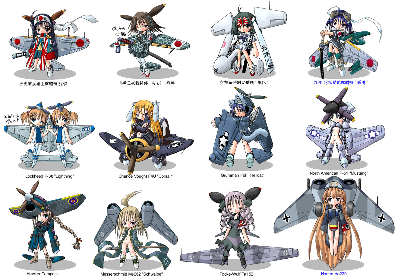 yone88, yonezuka ryou, a6m zero, f4u corsair, f6f hellcat, hawker tempest, kawasaki ki-61 hien, kyuushuu j7w shinden, me 262, p-38 lightning, p-51 mustang, ta 152, hellcat, original, translated, 6+girls, aircraft, airplane, chibi, corsair, escort fighter, glider, ho 229, maebari, mecha, mecha musume, military, multiple girls, mxy-7 ohka, personification, rising sun flag, robot, siblings, simple background, sisters, standing, sunburst, swastika, twins, white background, world war ii