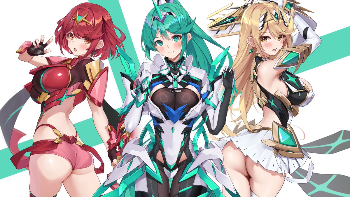 matrix16, mythra (xenoblade), pneuma (xenoblade), pyra (xenoblade), xenoblade chronicles (series), xenoblade chronicles 2, 3girls, breasts, large breasts, multiple girls
