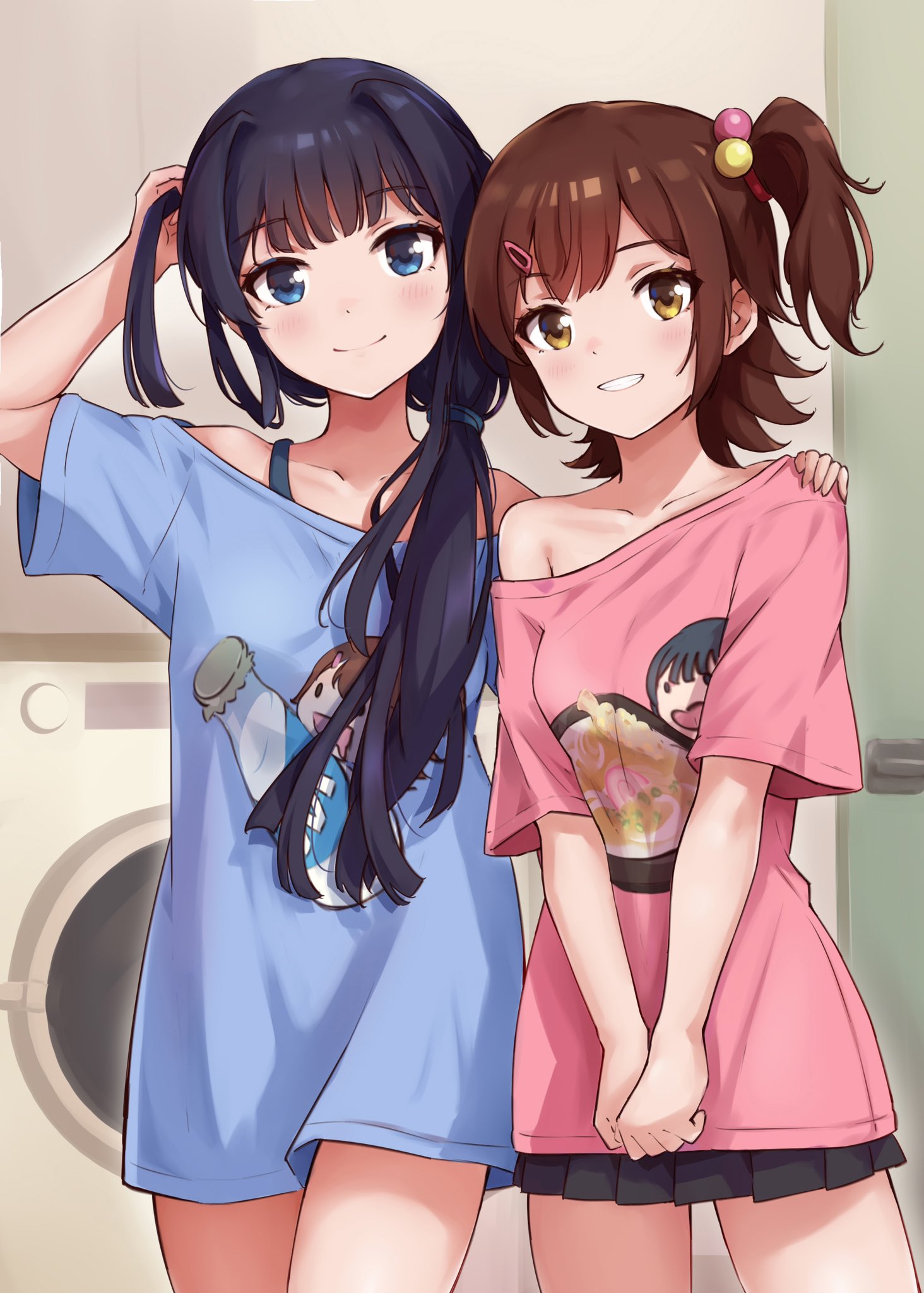koaya, kasuga mirai, mogami shizuka, idolmaster, idolmaster million live!, hashtag-only commentary, highres, 2girls, arm up, black hair, black skirt, blue eyes, blue shirt, brown eyes, brown hair, closed mouth, collarbone, cowboy shot, grin, hair bobbles, hair ornament, hair over shoulder, hairclip, hand on another's shoulder, indoors, long hair, looking at viewer, multiple girls, one side up, pink shirt, pleated skirt, print shirt, shirt, short hair, short sleeves, side-by-side, skirt, smile, standing
