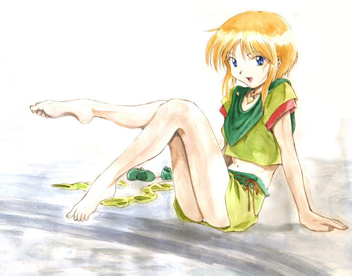 elpeo puru, gundam, gundam zz, barefoot, blue eyes, feet, full body, loli, midriff, navel, orange hair, toes