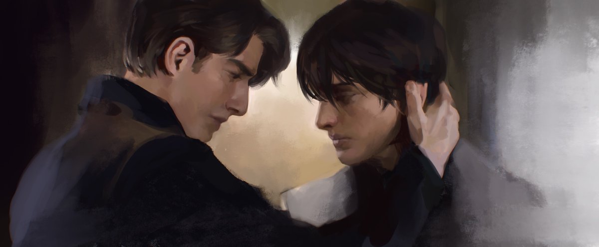 kim dokja, yoo joonghyuk, omniscient reader's viewpoint, hashtag-only commentary, 2boys, black coat, black eyes, black hair, coat, expressionless, fading, hand on another's head, looking at another, macaronijail, male focus, multiple boys, short hair, smile, upper body, white coat, yaoi