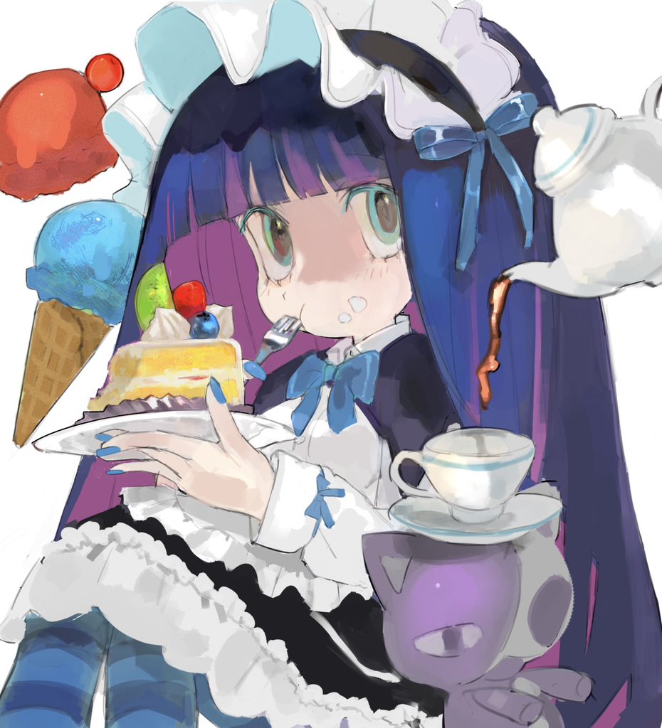 ni (nimame629), stocking (psg), panty & stocking with garterbelt, 1girl, aqua eyes, black dress, blue hair, blunt bangs, cake, cake slice, dress, eating, food, holding, holding cake, holding food, long hair, looking at viewer, pink hair, sitting, solo, striped clothes, striped thighhighs, teapot, thighhighs, white background