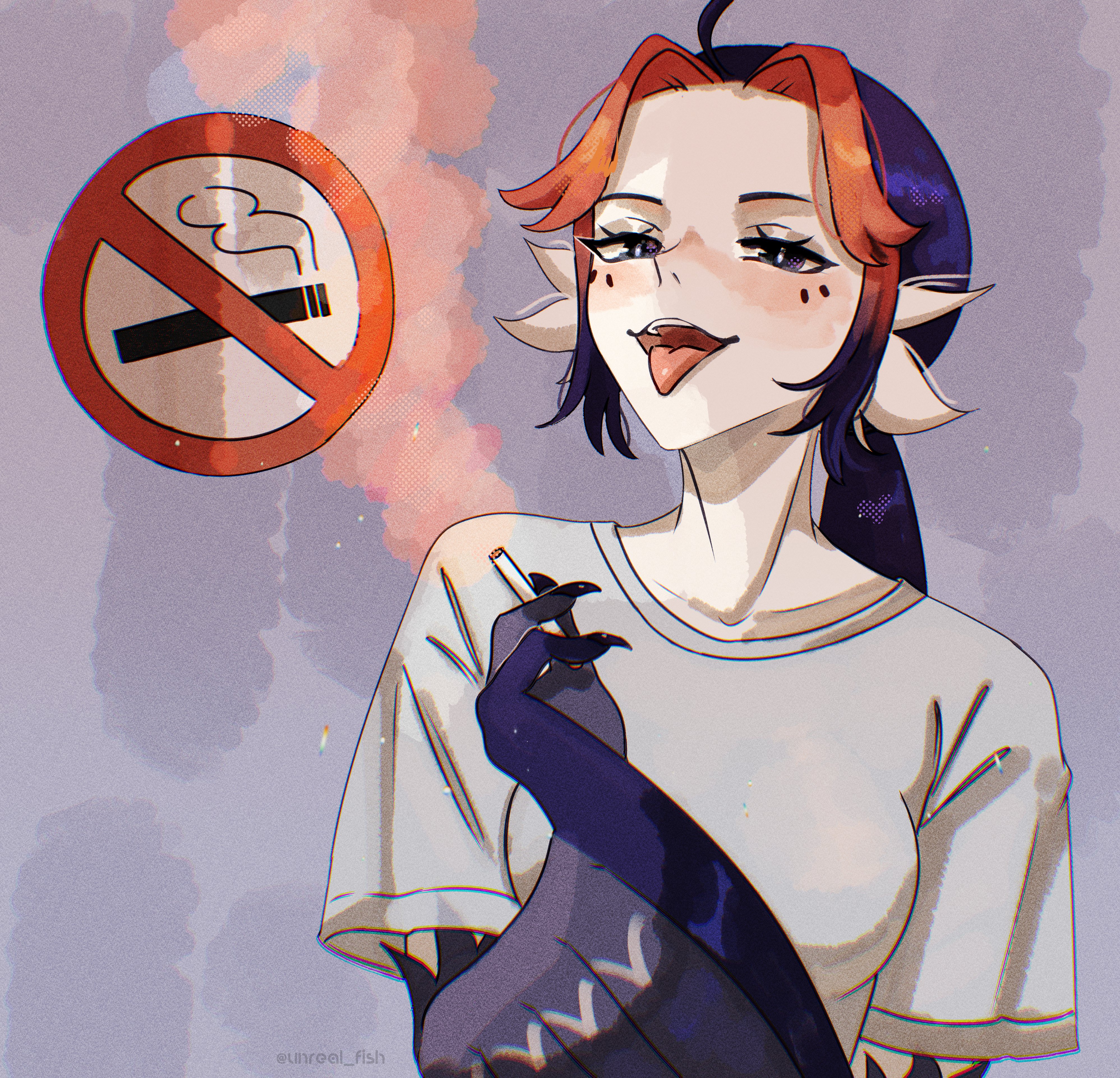 unreal fish, original, absurdres, commentary, english commentary, highres, 1girl, animal ears, bird ears, black eyes, black feathers, black hair, black wings, breasts, cigarette, claws, feathers, harpy, holding, holding cigarette, long hair, medium breasts, monster girl, multicolored hair, no smoking, open mouth, ponytail, red hair, shirt, sidelocks, smoke, smoke trail, solo, teeth, tongue, tongue out, two-tone hair, upper teeth only, white shirt, winged arms, wings