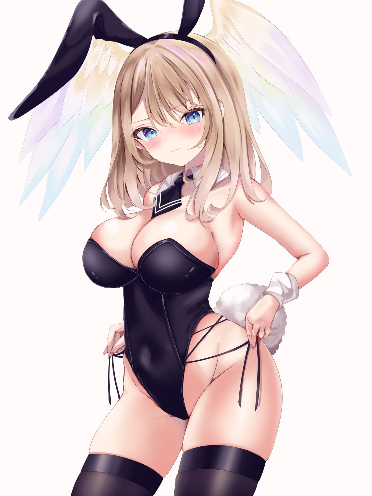 nanase nao, eunie (xenoblade), xenoblade chronicles (series), xenoblade chronicles 3, highres, 1girl, animal ears, black headband, black leotard, black necktie, black thighhighs, blue eyes, blush, breasts, brown hair, cleavage, closed mouth, covered navel, detached collar, fake animal ears, head wings, headband, large breasts, leotard, long hair, looking at viewer, necktie, playboy bunny, rabbit ears, rabbit tail, short necktie, simple background, solo, strapless, strapless leotard, tail, thighhighs, white background, white wings, wings, wrist cuffs
