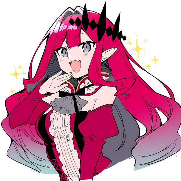 kuronekoron, baobhan sith (fate), baobhan sith (first ascension) (fate), fate/grand order, fate (series), 1girl, breasts, detached sleeves, dress, earrings, fang, frilled dress, frills, grey eyes, hair ornament, hand up, jewelry, long hair, open mouth, pink hair, pointy ears, red dress, sidelocks, smile, solo, white background